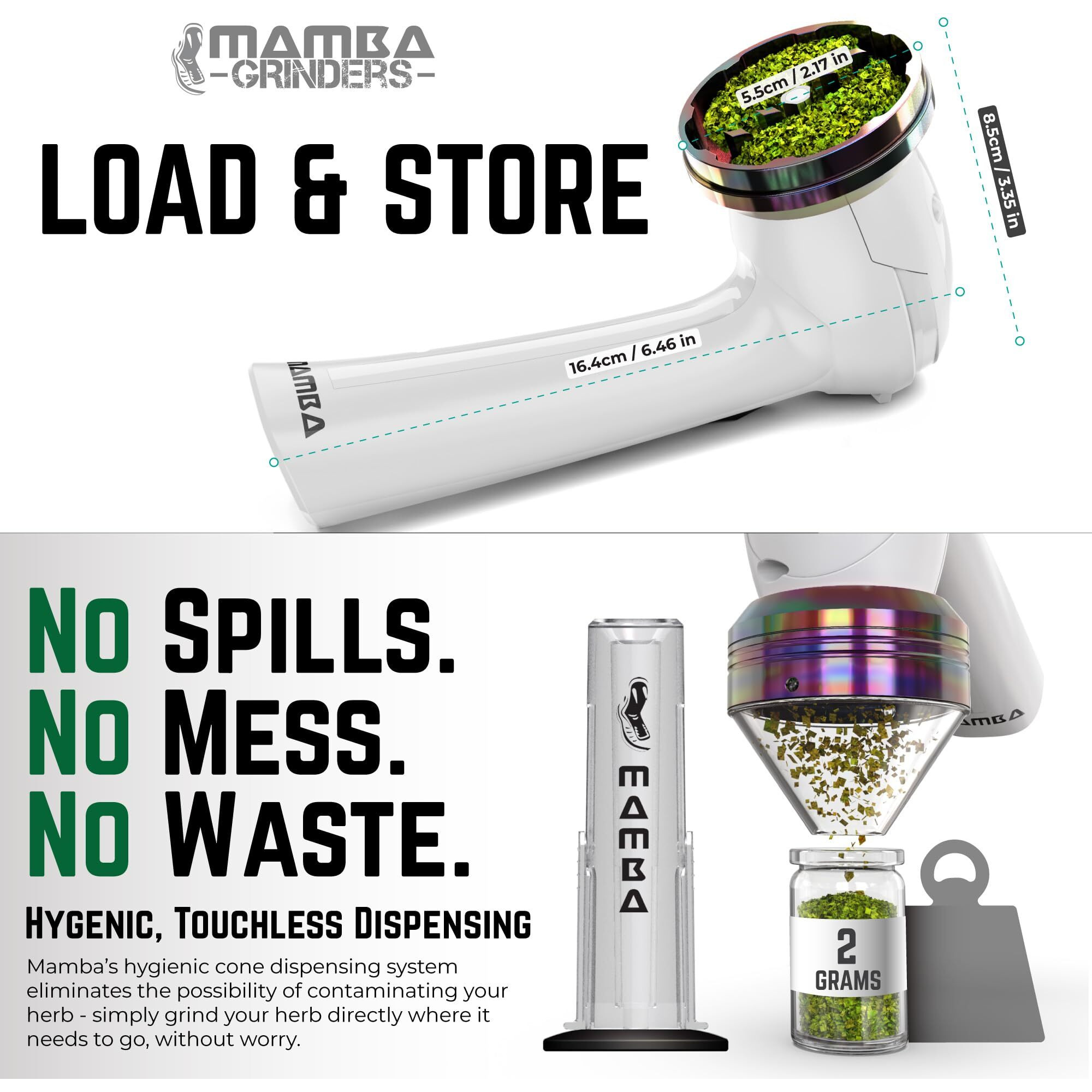 Mamba Loader Xl V2-55 Electric Herb Grinder, Usb Rechargeable Automatic Grinder Fast Mill With Aluminum Alloy Head, Includes Herb And Spices Holding System (White) Charge Full Before First Use
