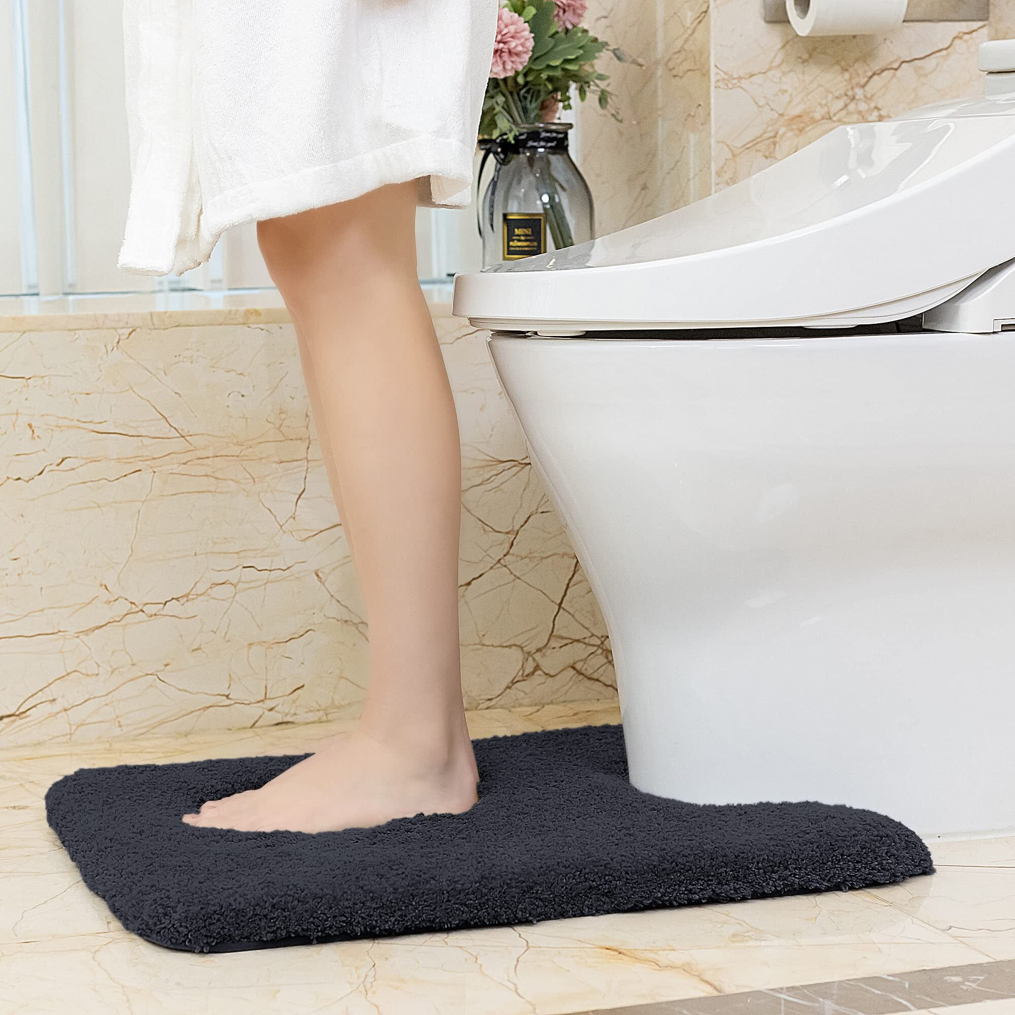 Vanzavanzu Toilet Rugs For Bathroom U Shaped, Contour Bath Rugs For Toilet Bath Mats For Bathroom Non Slip Extra Soft Absorbant Microfiber Shaggy Thick Toilet Rugs U Shaped (U 20""*24"", Black)