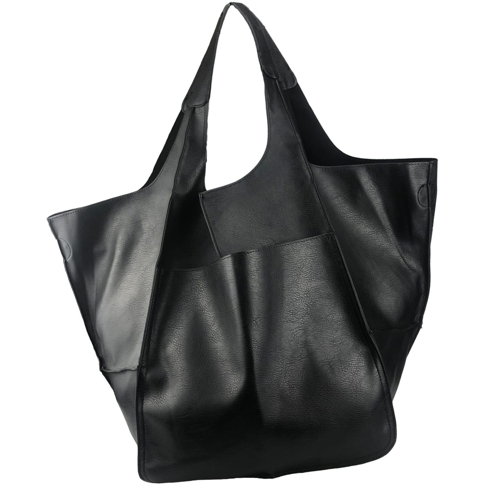 Klaoyer Oversized Leather Tote Bag Large Capacity Work Hobo Pu Leather Bucket Purse And Handbag Big Soft Travel Shopping Bag (Black)