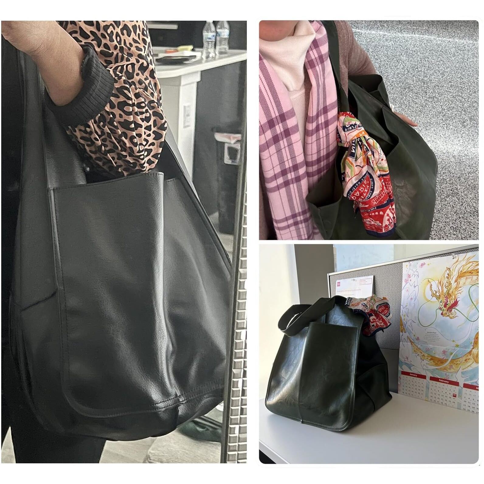 Klaoyer Oversized Leather Tote Bag Large Capacity Work Hobo Pu Leather Bucket Purse And Handbag Big Soft Travel Shopping Bag (Black)