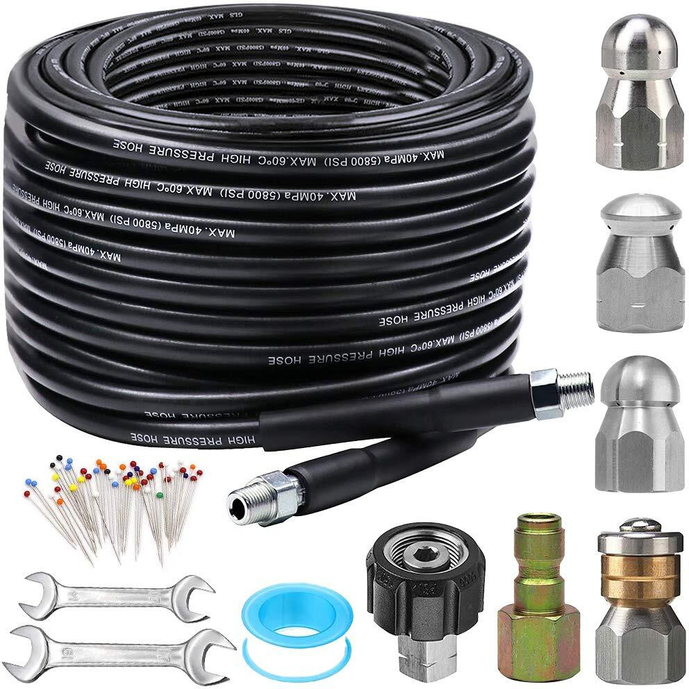 Sewer Jetter Kit For Pressure Washer 100Ft, Newest 5800Psi Drain Cleaner Hose 1/4 Inch Npt Corner, Rotating And Button Hose Sewer Jetting Nozzle Pearl Corsage Pin Waterproof Tape With 2 Spanner
