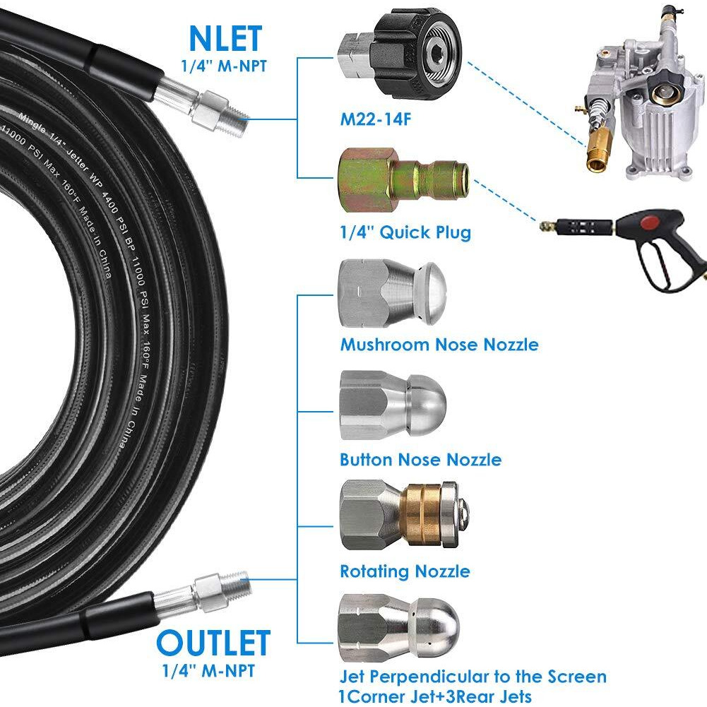 Sewer Jetter Kit For Pressure Washer 100Ft, Newest 5800Psi Drain Cleaner Hose 1/4 Inch Npt Corner, Rotating And Button Hose Sewer Jetting Nozzle Pearl Corsage Pin Waterproof Tape With 2 Spanner