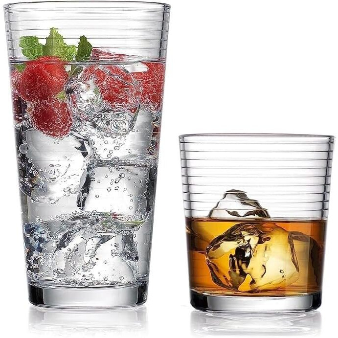 Drinking Glasses - Set Of 8 Glass Cups, 4 Highball Glasses (17Oz) 4 Rocks Glasses (13Oz) Ribbed Glasses For Mixed Drinks, Water, Juice, Beer, Wine, Excellent Gift