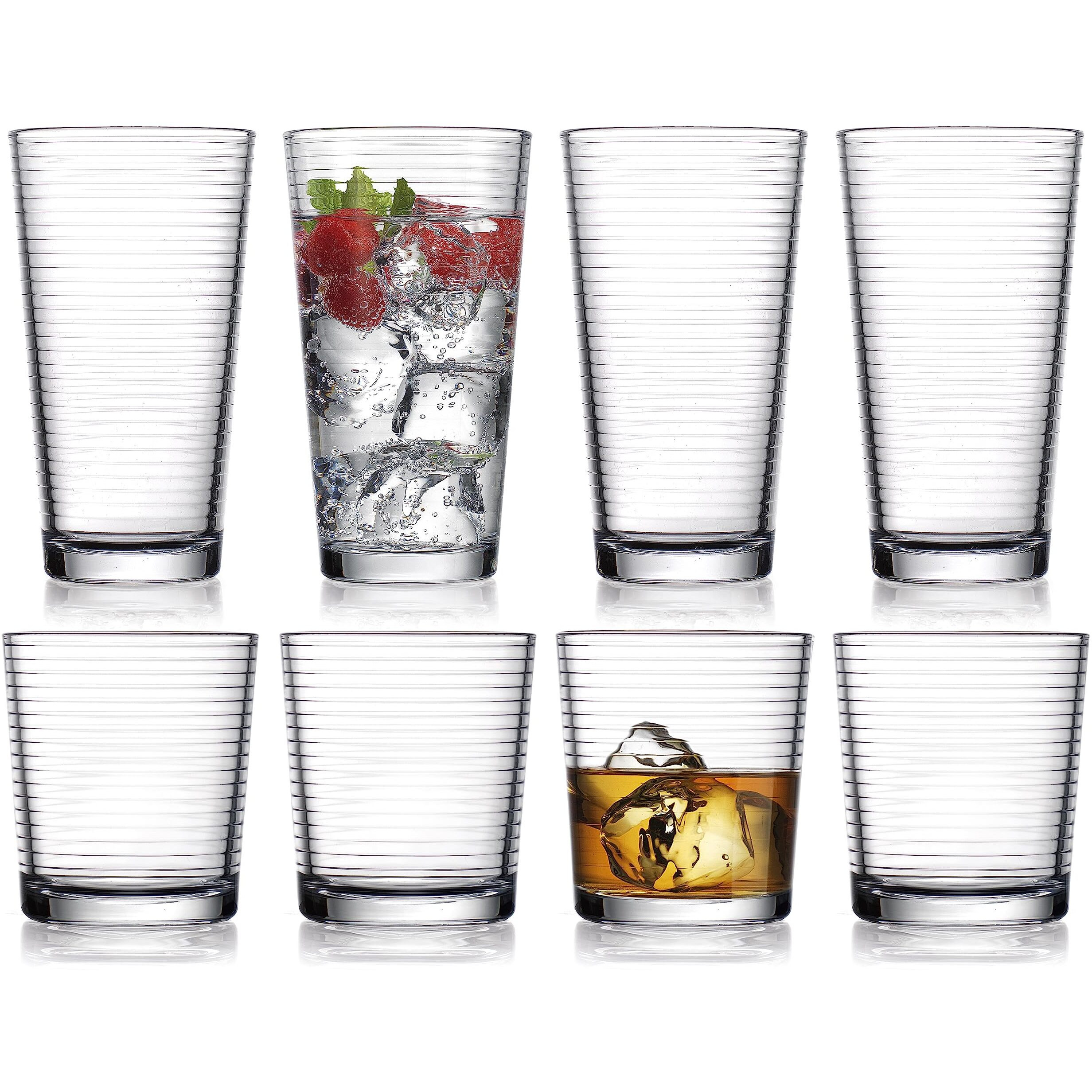 Drinking Glasses - Set Of 8 Glass Cups, 4 Highball Glasses (17Oz) 4 Rocks Glasses (13Oz) Ribbed Glasses For Mixed Drinks, Water, Juice, Beer, Wine, Excellent Gift