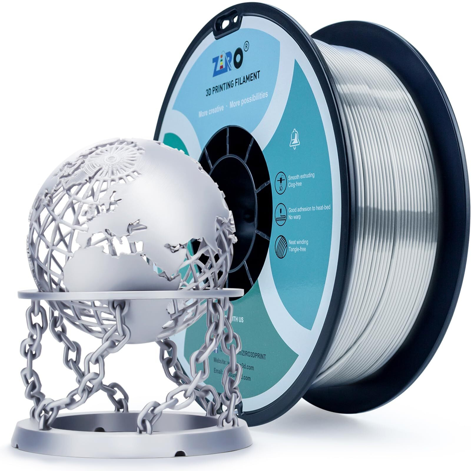 Ziro Pla 3D Printer Filament, Silky Silver Pla Filament 1.75Mm 1Kg/2.2Lbs Spool, Shiny Shine 3D Printing Material, Metal Metallic 3D Filament, Dimensional Accuracy +/- 0.03 Mm