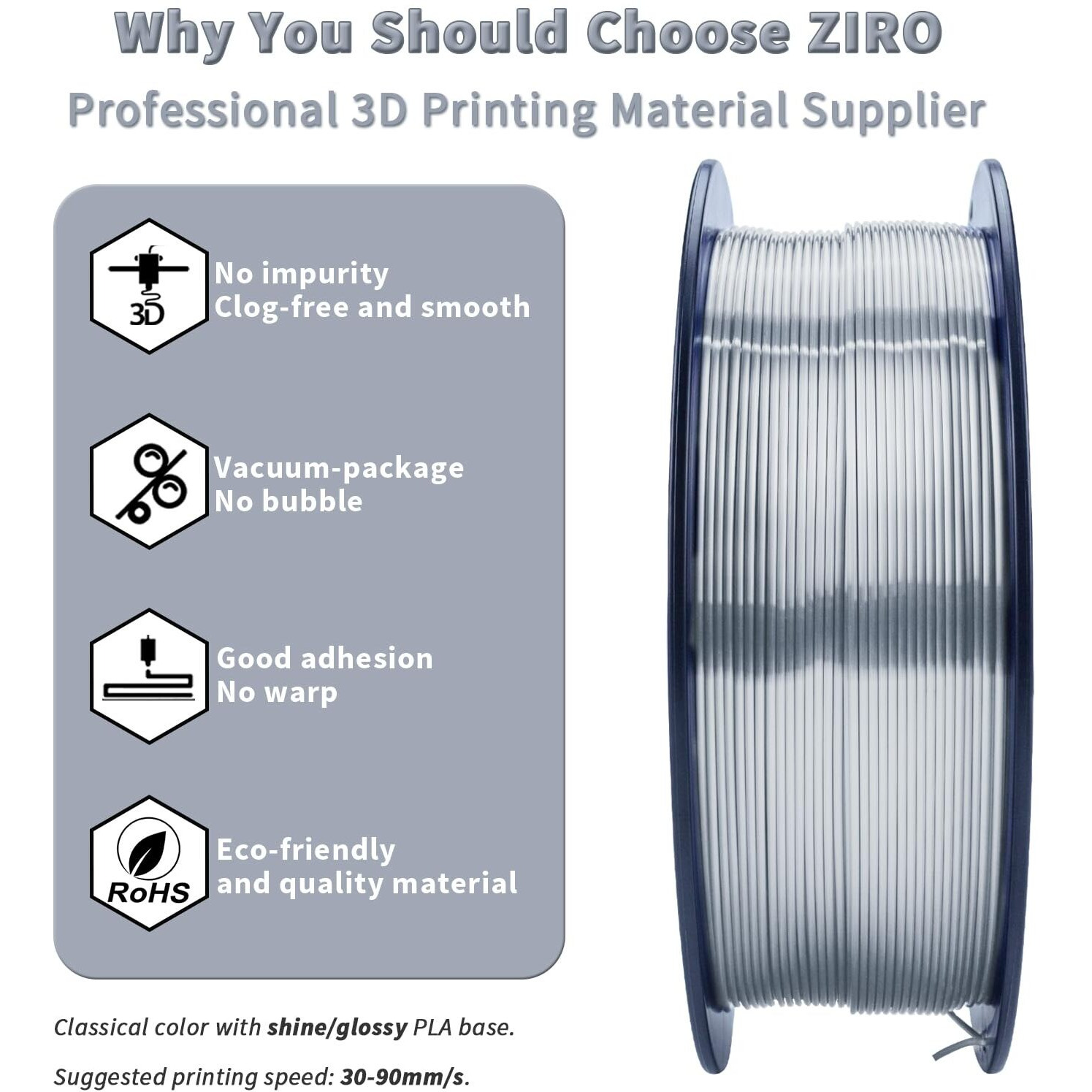 Ziro Pla 3D Printer Filament, Silky Silver Pla Filament 1.75Mm 1Kg/2.2Lbs Spool, Shiny Shine 3D Printing Material, Metal Metallic 3D Filament, Dimensional Accuracy +/- 0.03 Mm