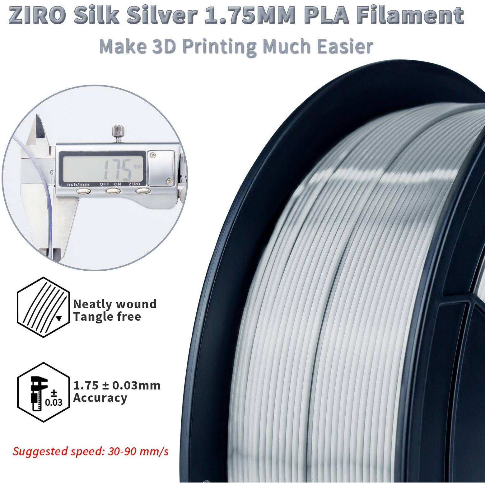 Ziro Pla 3D Printer Filament, Silky Silver Pla Filament 1.75Mm 1Kg/2.2Lbs Spool, Shiny Shine 3D Printing Material, Metal Metallic 3D Filament, Dimensional Accuracy +/- 0.03 Mm