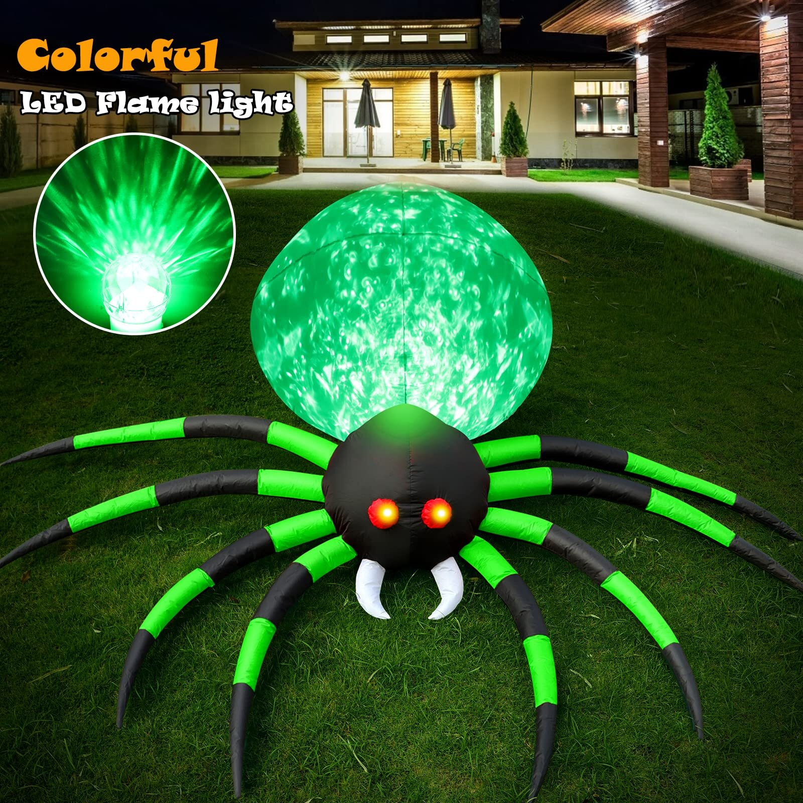 8Ft Halloween Inflatables Spider Outdoor Decorations For Yard, Giant Blow Up Green Spider With Rotating Fire Flame Light, Large Spooky Spider Props For Halloween Party Garden Lawn House Holiday Decor