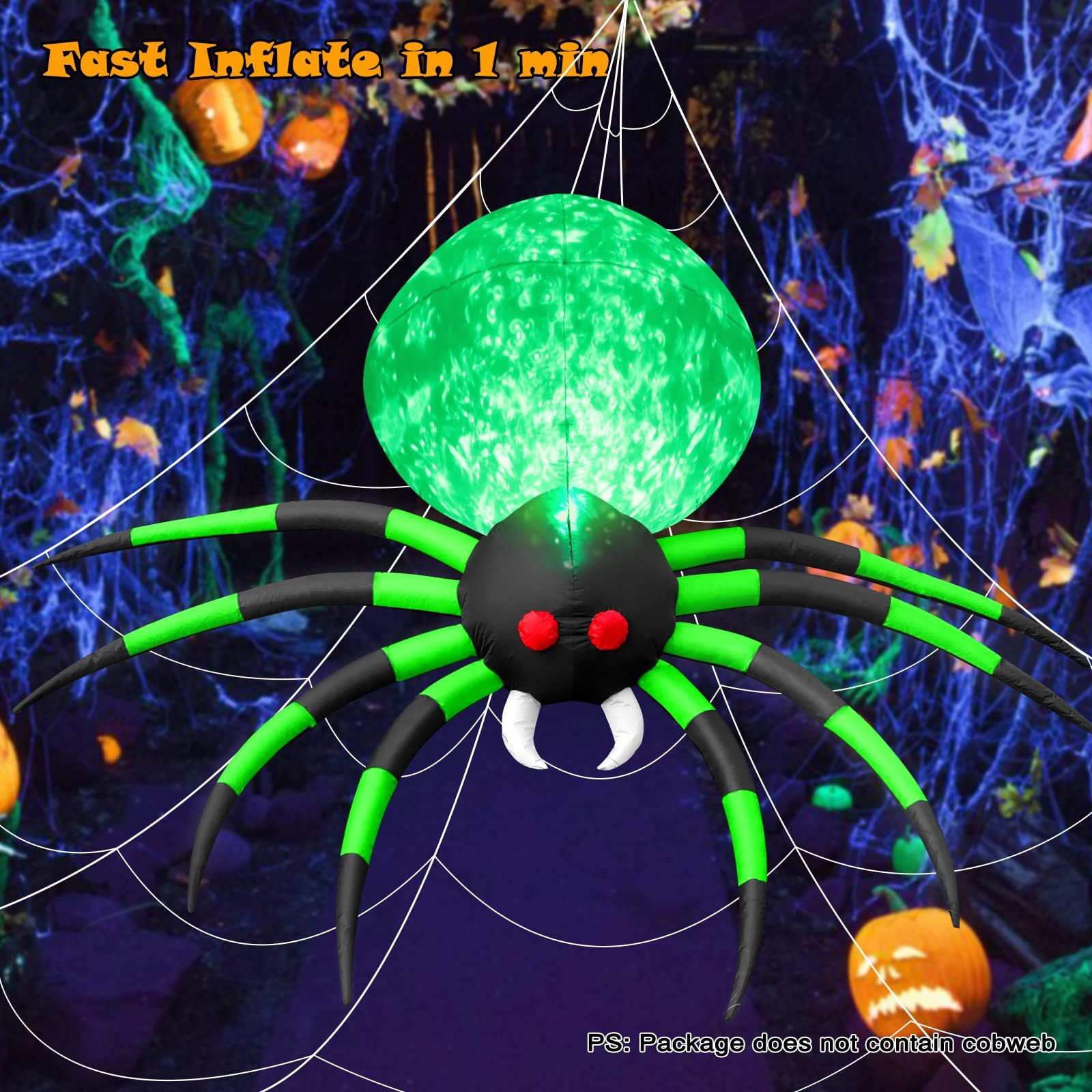 8Ft Halloween Inflatables Spider Outdoor Decorations For Yard, Giant Blow Up Green Spider With Rotating Fire Flame Light, Large Spooky Spider Props For Halloween Party Garden Lawn House Holiday Decor