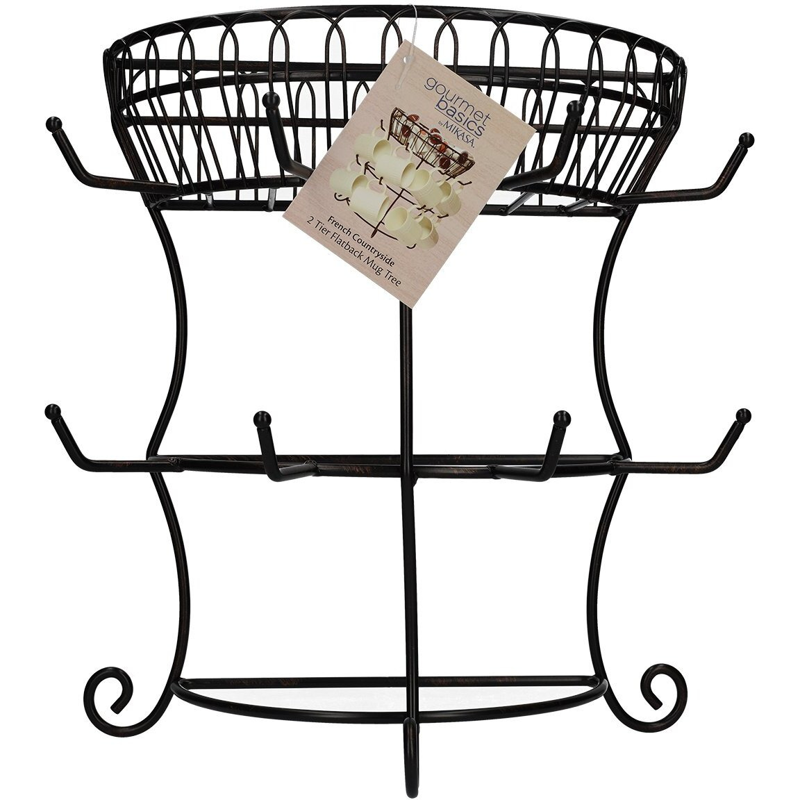 Gourmet Basics By Mikasa French Countryside Metal Mug Tree With Storage Basket, Antique Black, 14.75-Inch - 5154681
