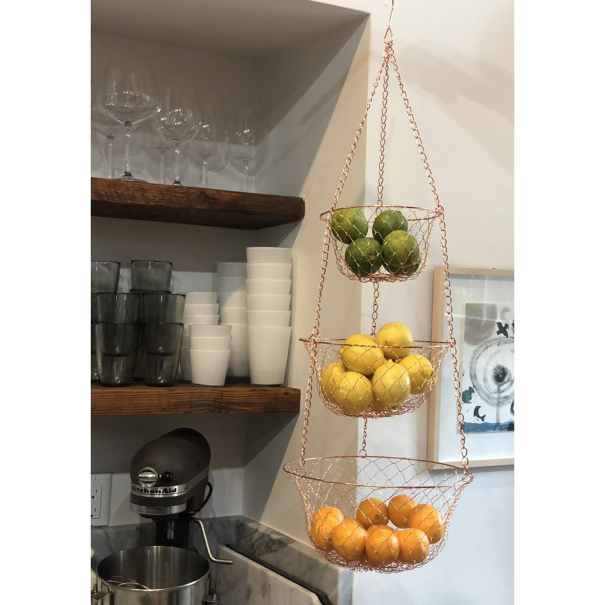 Fox Run 3-Tier Copper Kitchen Hanging Fruit Baskets, 32 Inches