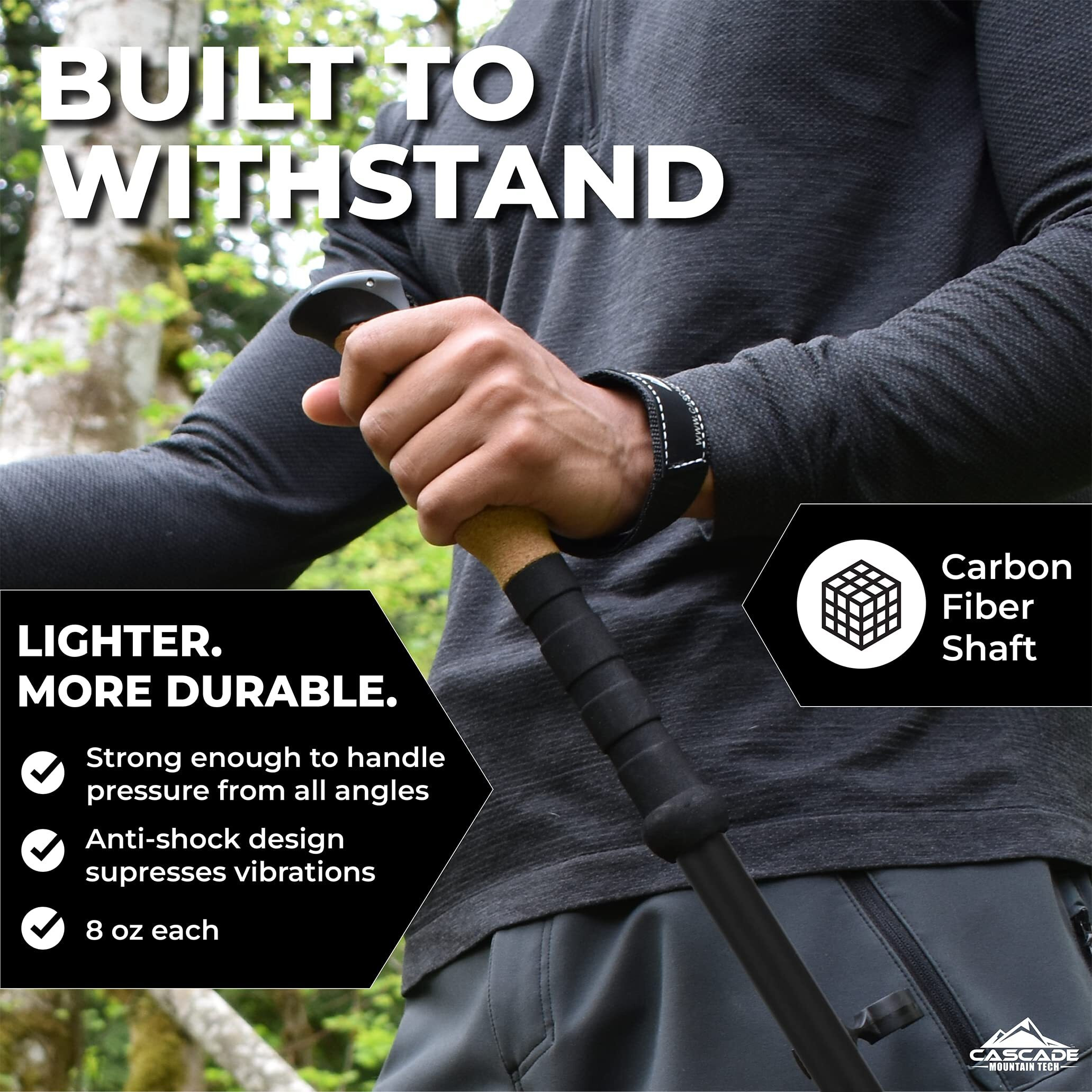 Cascade Mountain Tech Trekking Poles - 3K Carbon Fiber Walking Or Hiking Sticks With Quick Adjustable Locks (Set Of 2) , Black