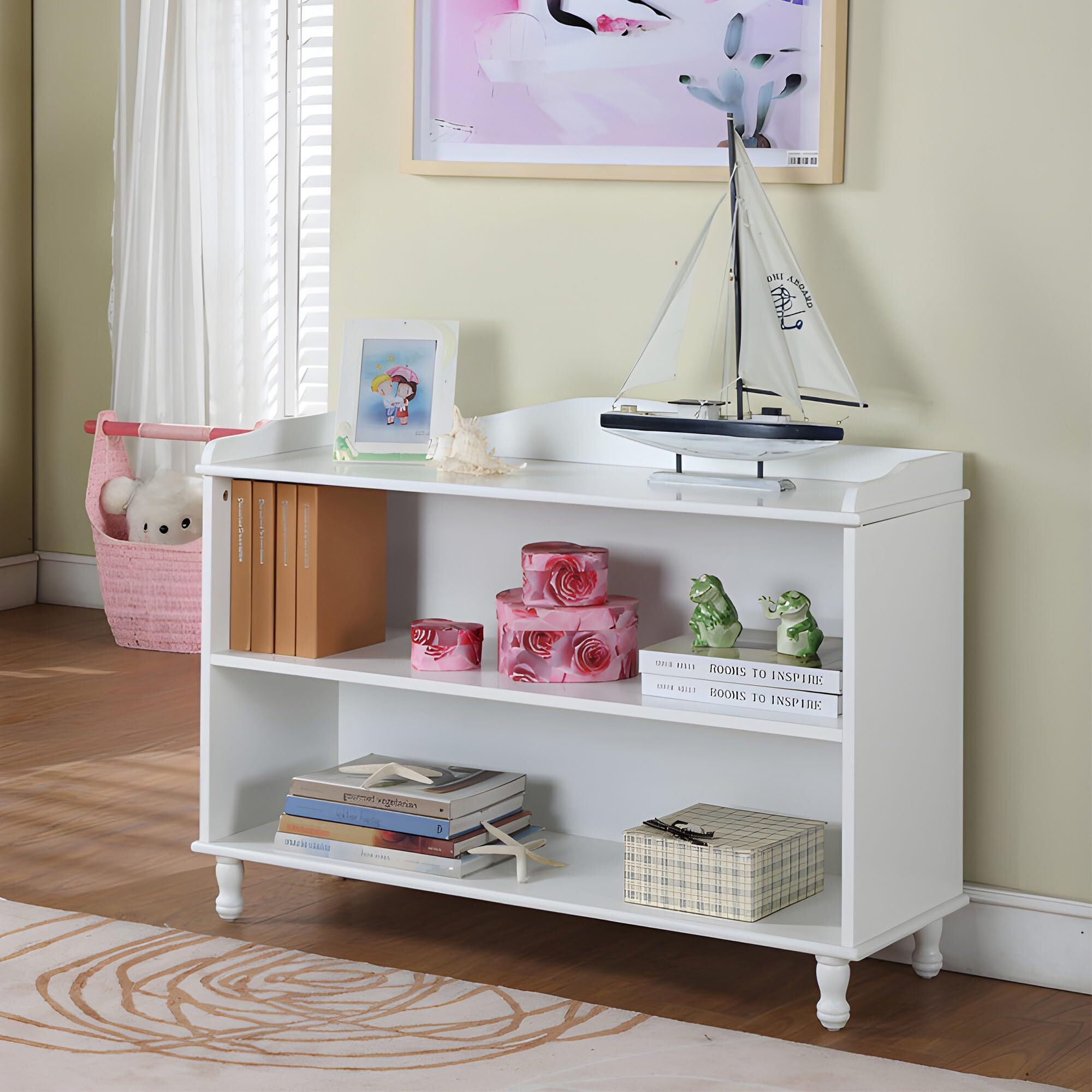 King's Brand Furniture - White Wood Children's 2-Shelf Bookcase Display Cabinet