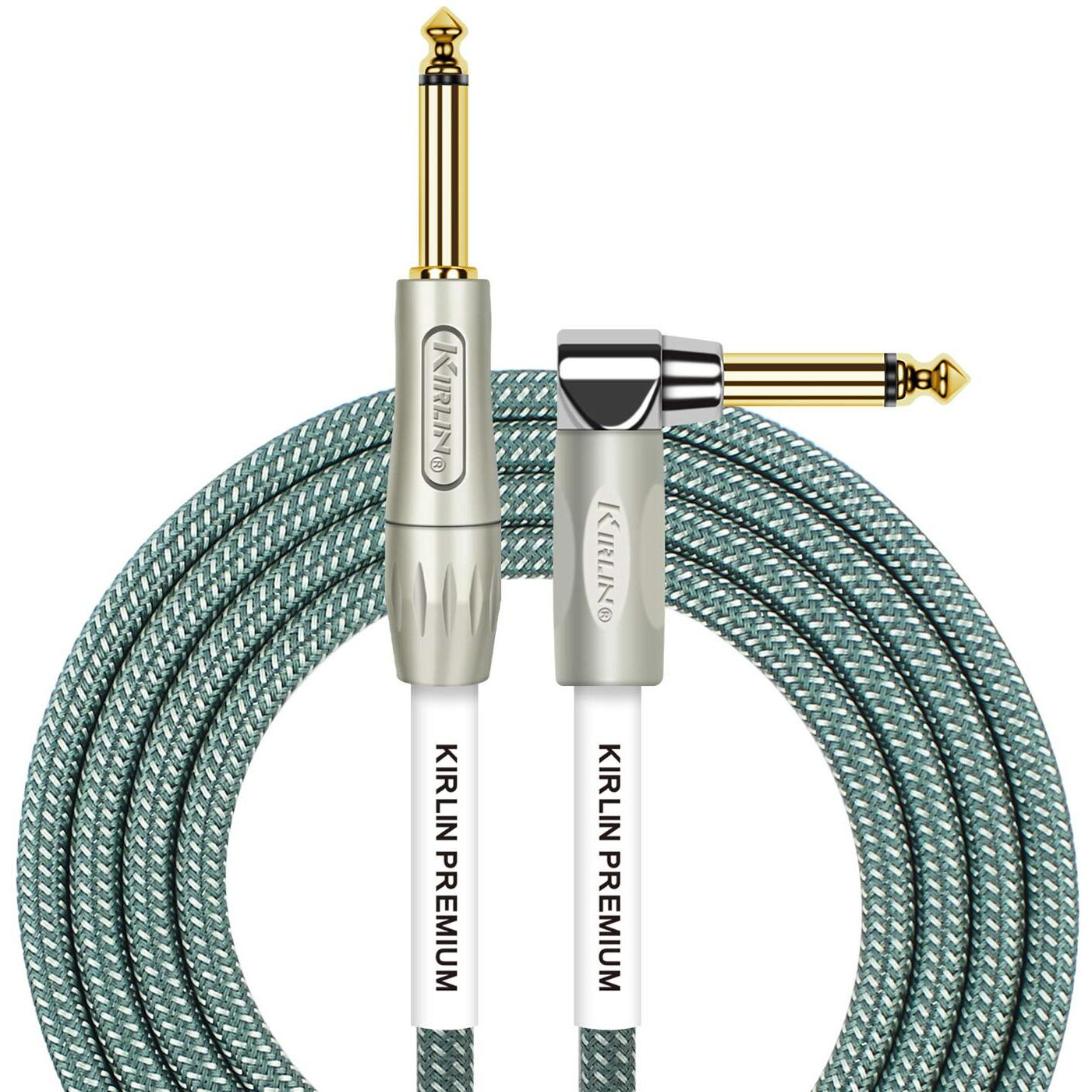 Kirlin Cable Iwb-202Pfgl-10/Ol -10 Feet- Straight To Right Angle 1/4-Inch Plug Premium Plus Instrument Cable, Olive Green Tweed Woven Jacket