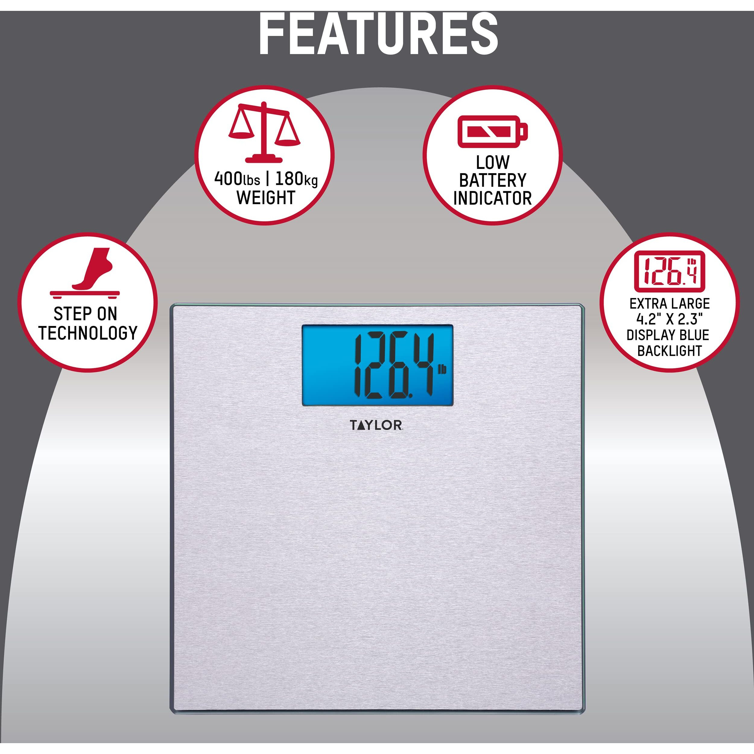 Taylor Digital Scales For Body Weight, Highly Accurate 400 Lb Capacity, Unique Blue Lcd, Auto On And Off Scale, 11.8 X 11.8Inches, Stainless Steel
