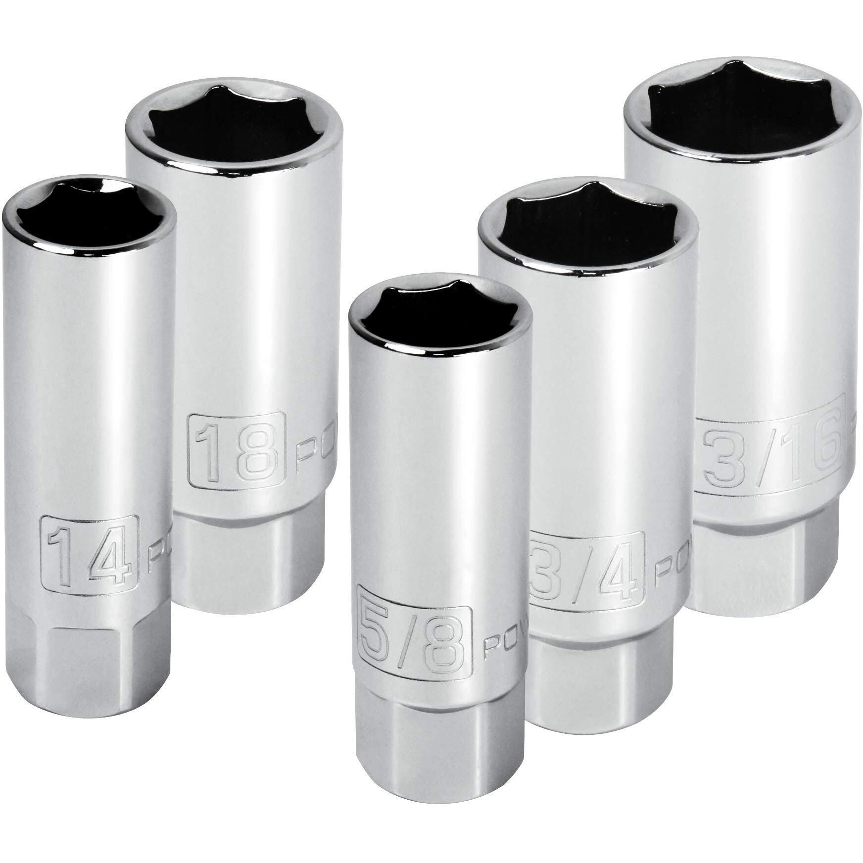 Powerbuilt 3/8-Inch Drive Spark Plug Socket Set, 6 Point, Deep Thin Wall, 5 Piece Metric And Sae - 640855, Grey