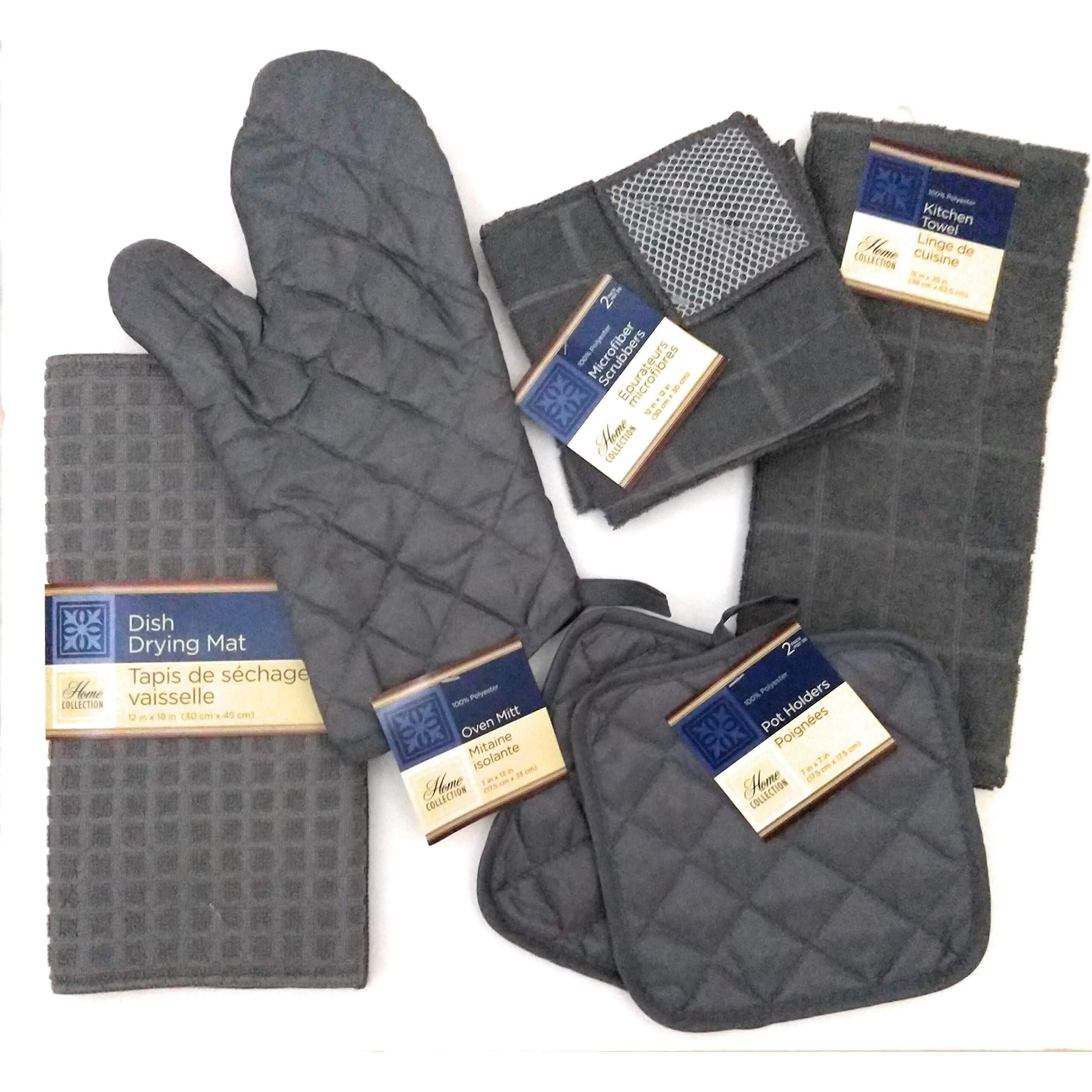 Kitchen Towel Set With 2 Quilted Pot Holders, Oven Mitt, Dish Towel, Dish Drying Mat, 2 Microfiber Scrubbing Dishcloths (Gray)