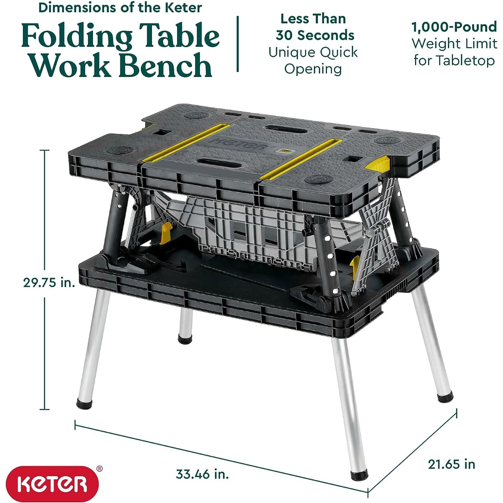 Keter Folding Work Table, Portable Workbench W/ 12"" Clamps For Garage/Wood Shop