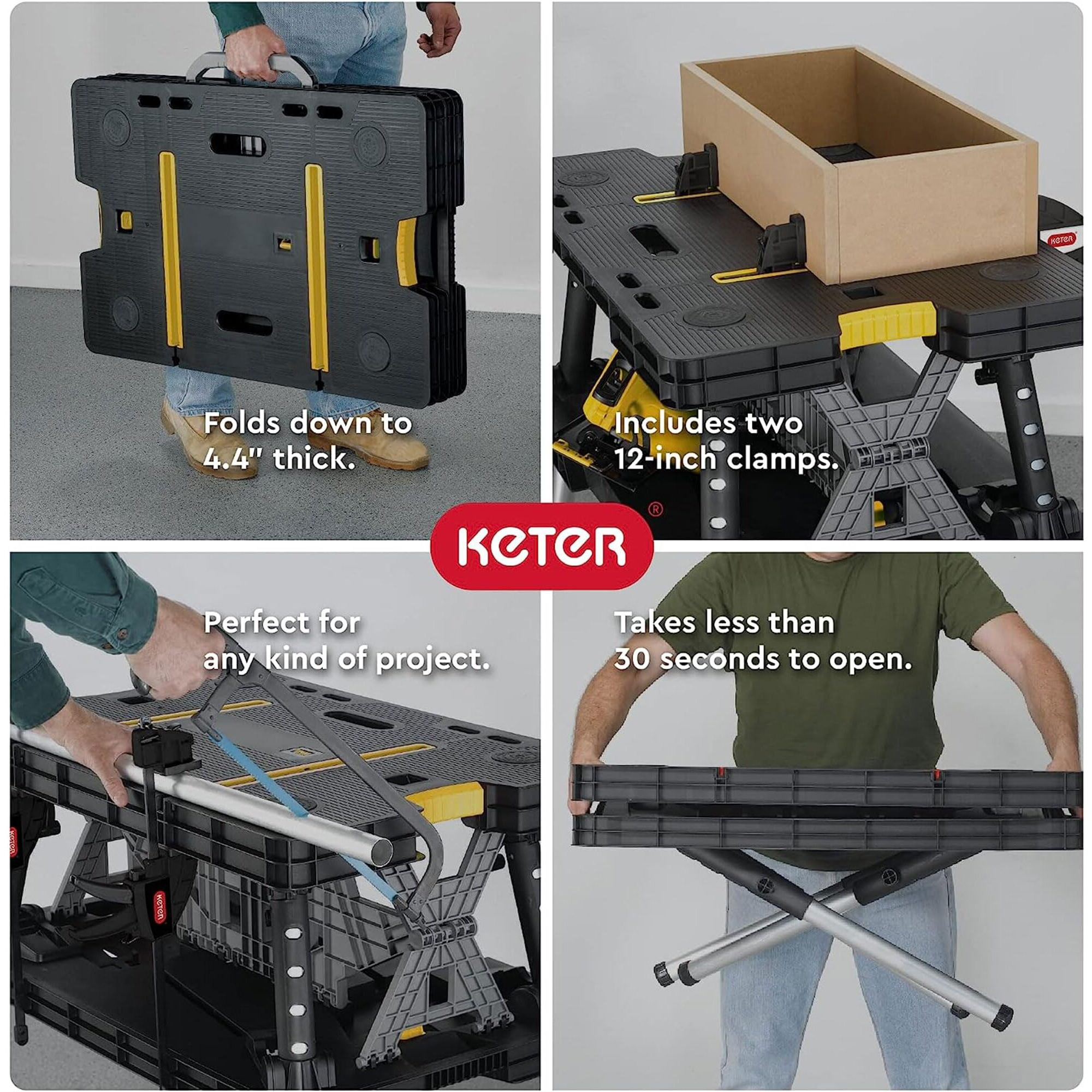 Keter Folding Work Table, Portable Workbench W/ 12"" Clamps For Garage/Wood Shop