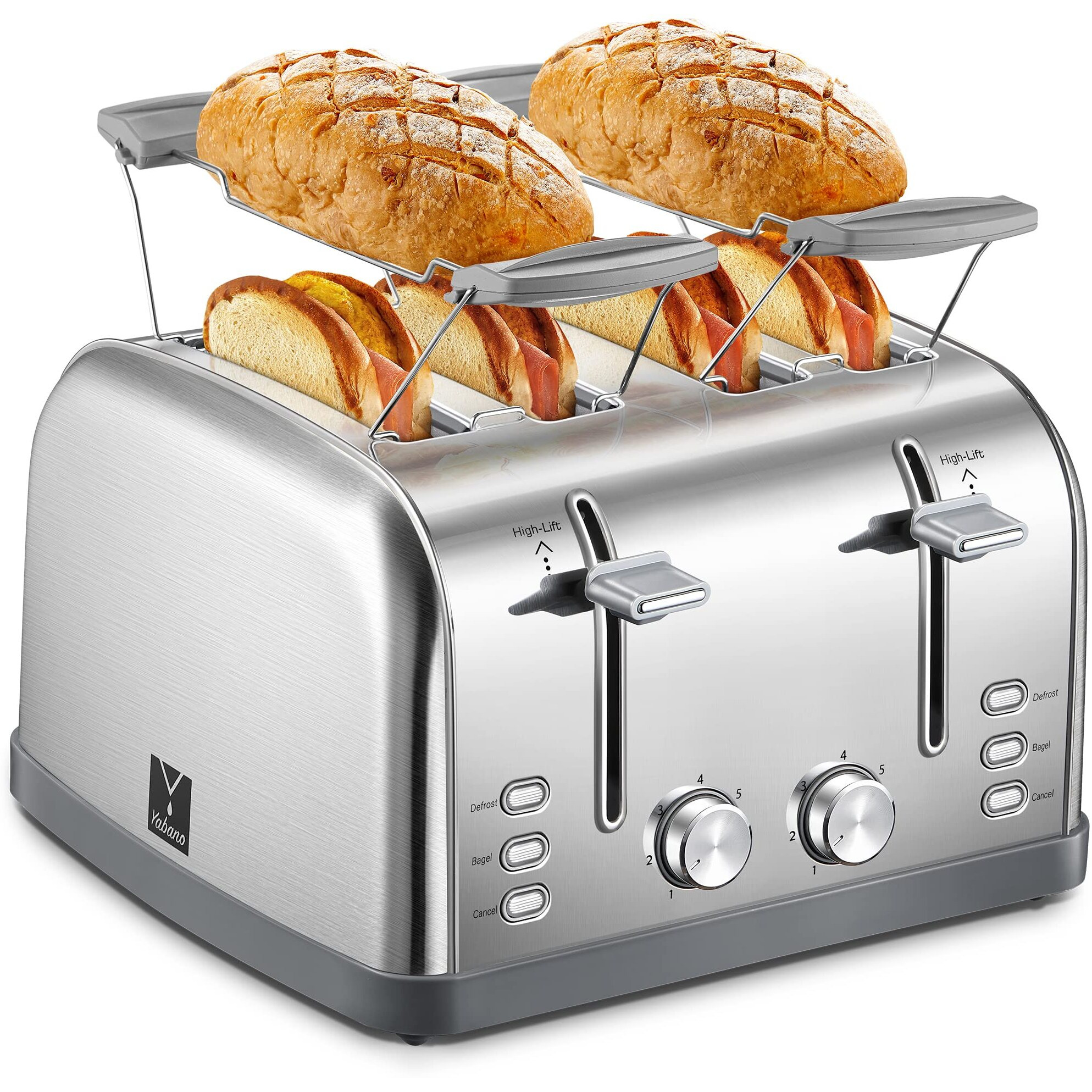 Toaster 4 Slice, Extra Wide Slots, Stainless Steel With High Lift Lever, Bagel And Muffin Function, Removal Crumb Tray, 7-Shade Settings With Warming Rack, Silver, Yabano