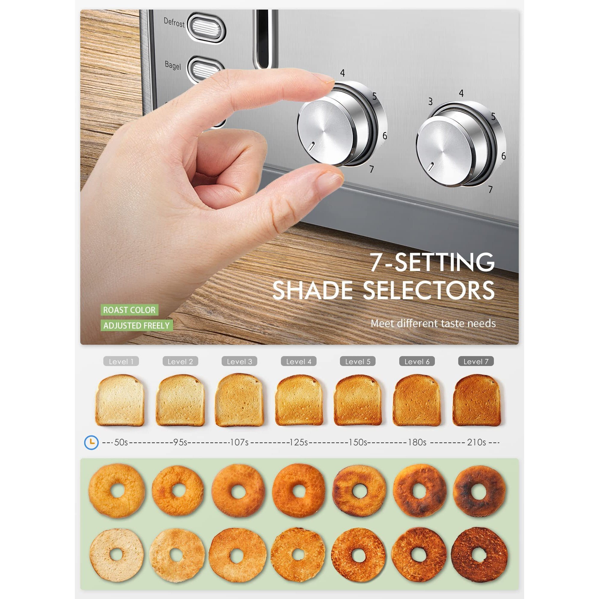 Toaster 4 Slice, Extra Wide Slots, Stainless Steel With High Lift Lever, Bagel And Muffin Function, Removal Crumb Tray, 7-Shade Settings With Warming Rack, Silver, Yabano
