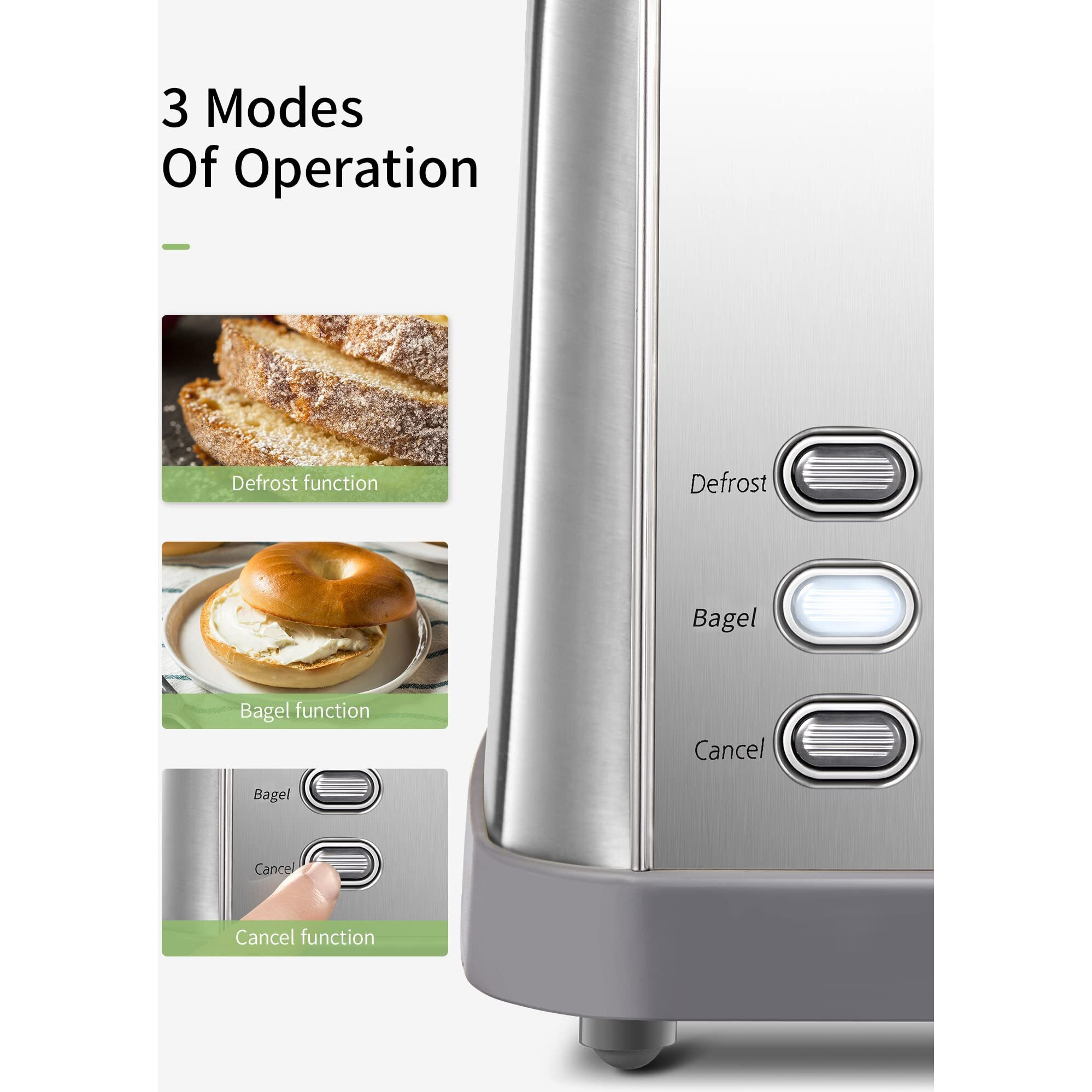 Toaster 4 Slice, Extra Wide Slots, Stainless Steel With High Lift Lever, Bagel And Muffin Function, Removal Crumb Tray, 7-Shade Settings With Warming Rack, Silver, Yabano