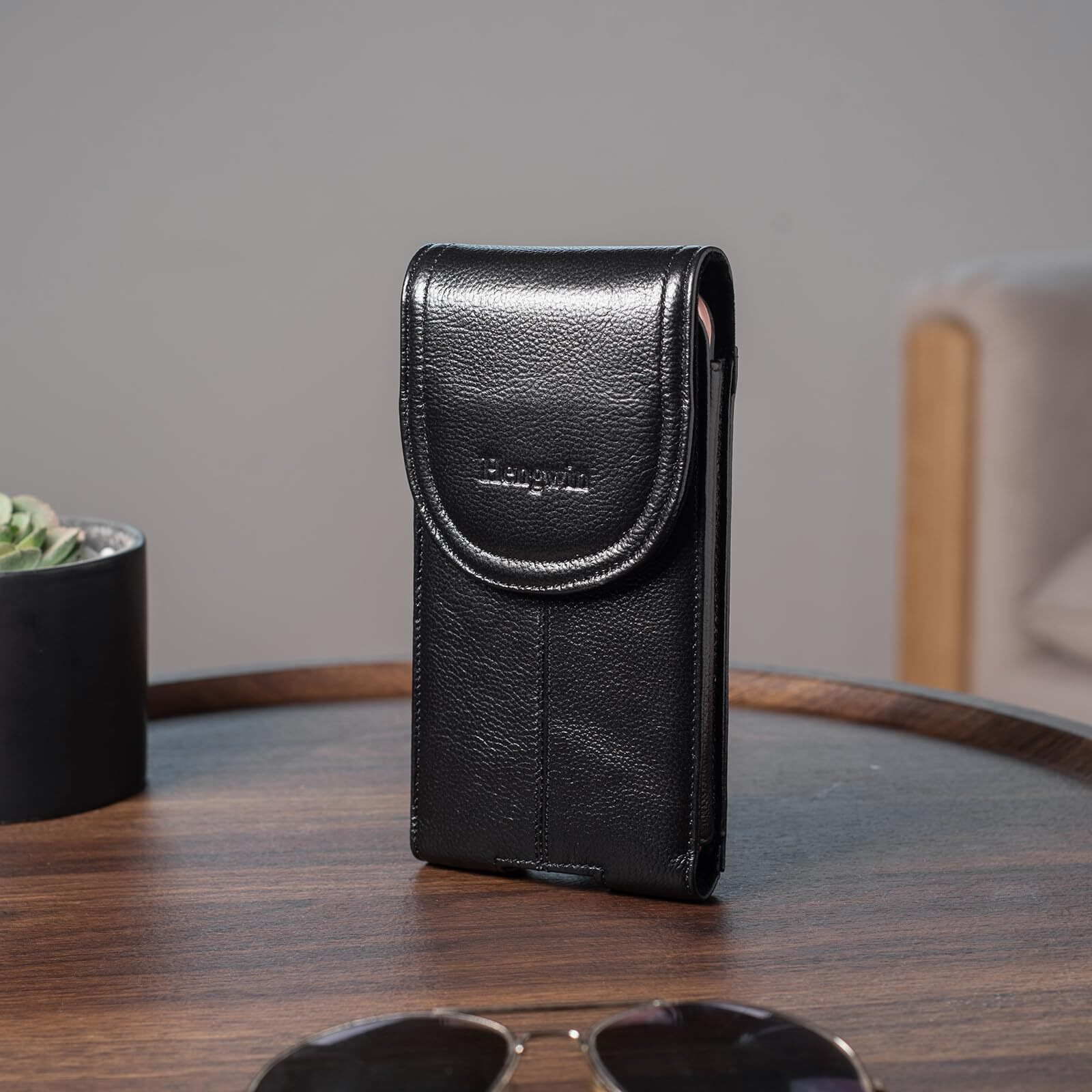 Hengwin Genuine Leather Cell Phone Holster For Belt Men, Vertical Phone Holder Belt Pouch Fits For Iphone 15 Pro Max 14 Pro Max 13 Pro Max Samsung Galaxy S24 Ultra Note9 Case With Belt Clip (Black)