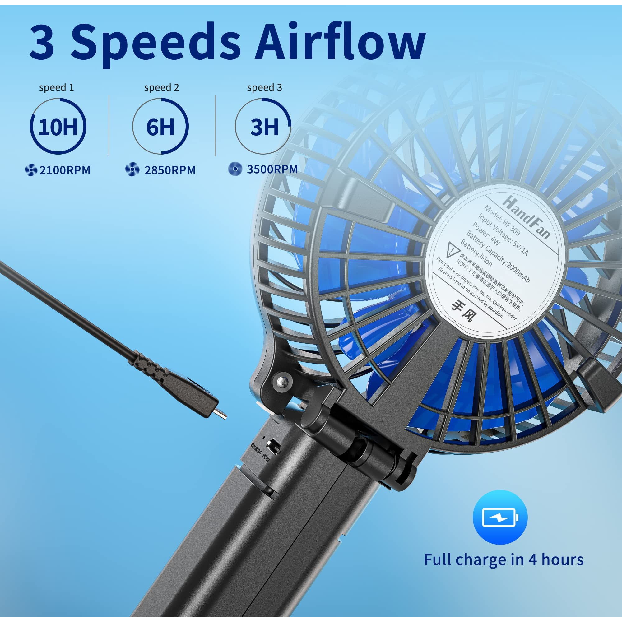 Handfan Portable Handheld Fan, Mini Personal Fan, Battery Operated Cooling Rechargeable Fan, 180 Foldable Small Hand Fan, Usb Powered, For Home, Office, Outdoor, Hiking, Travel, Stroller(Black&Blue)