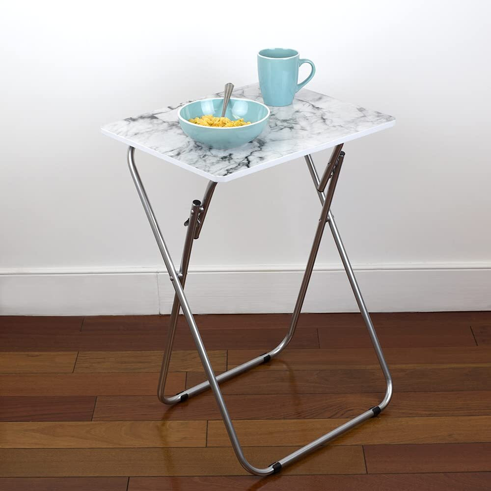 Home Basics Tt41422 Multi-Purpose Sturdy And Durable Decorative Cocktails Tv Folding Table Tray Desk Bedside Laptop Snacks White Marble, 15 In X 19 In X 26 In