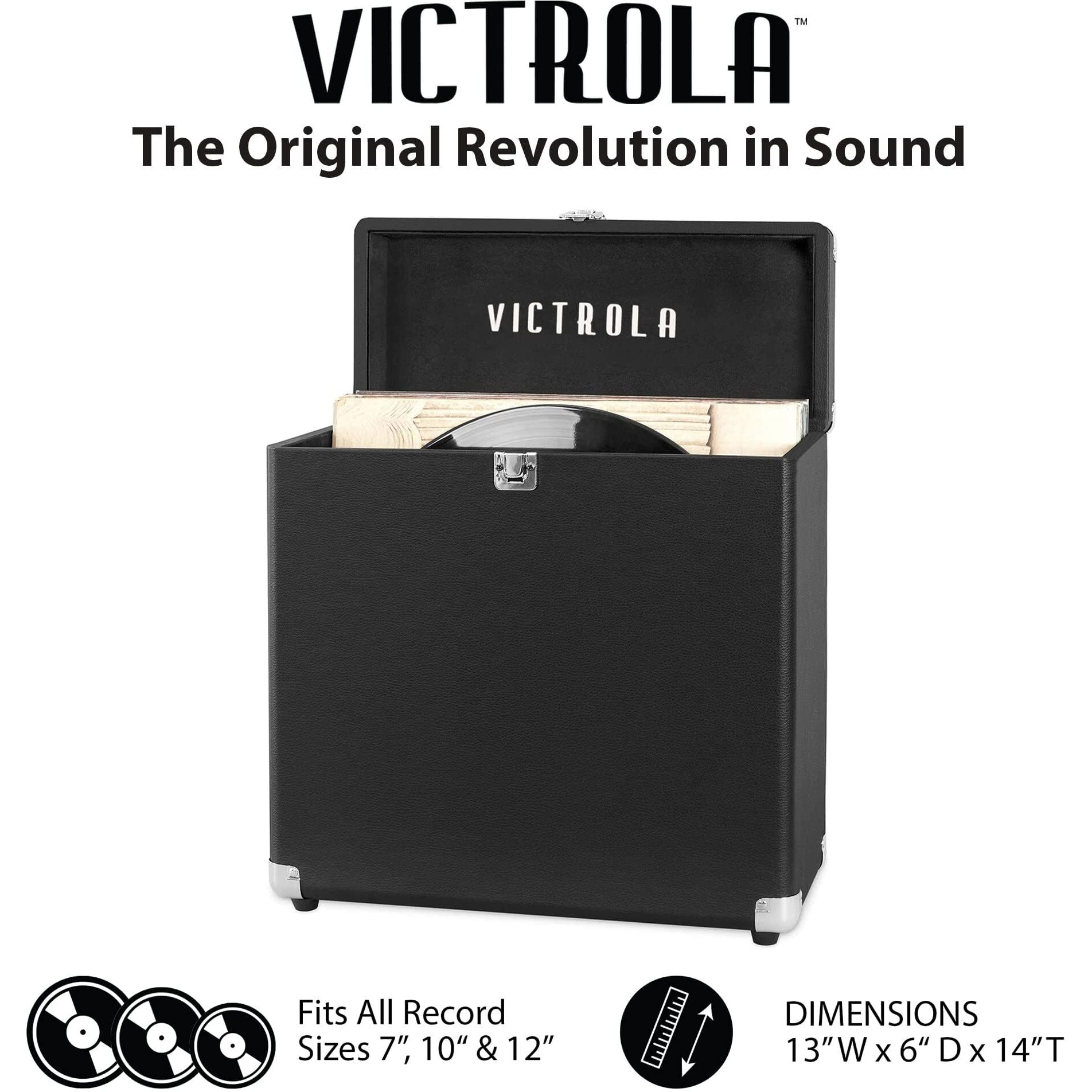 Victrola Vintage Vinyl Record Storage And Carrying Case, Fits All Standard Records - 33 1/3, 45 And 78 Rpm, Holds 30 Albums, Perfect For Your Treasured Record Collection, Black