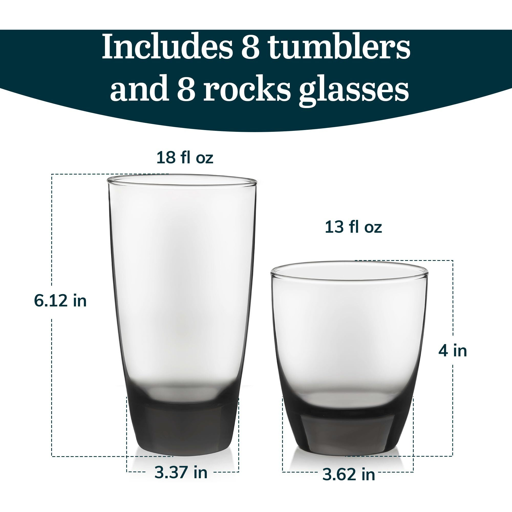 Libbey Classic Rocks And Tumbler Glasses Set Of 16, Smoke Hue, Lead-Free Water Glasses , Dishwasher Safe Drinking Glasses Set