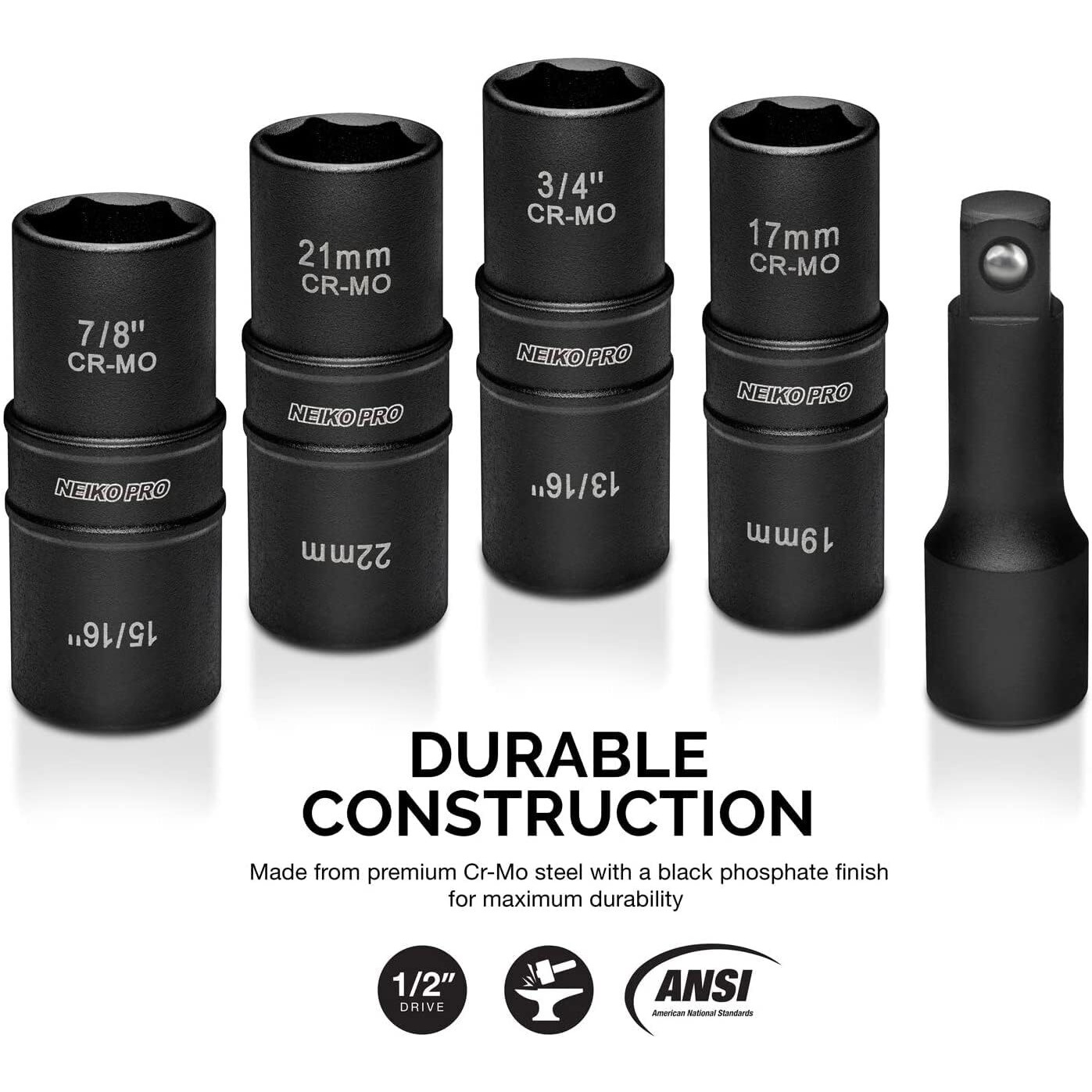 Neiko 02282B 1/2-Inch-Drive Impact Socket Set, Flip Socket Set, Chrome Moly Steel, Includes 3-Inch Bar Extension, 8 Deep Sae And Metric Sizes, 5 Pieces