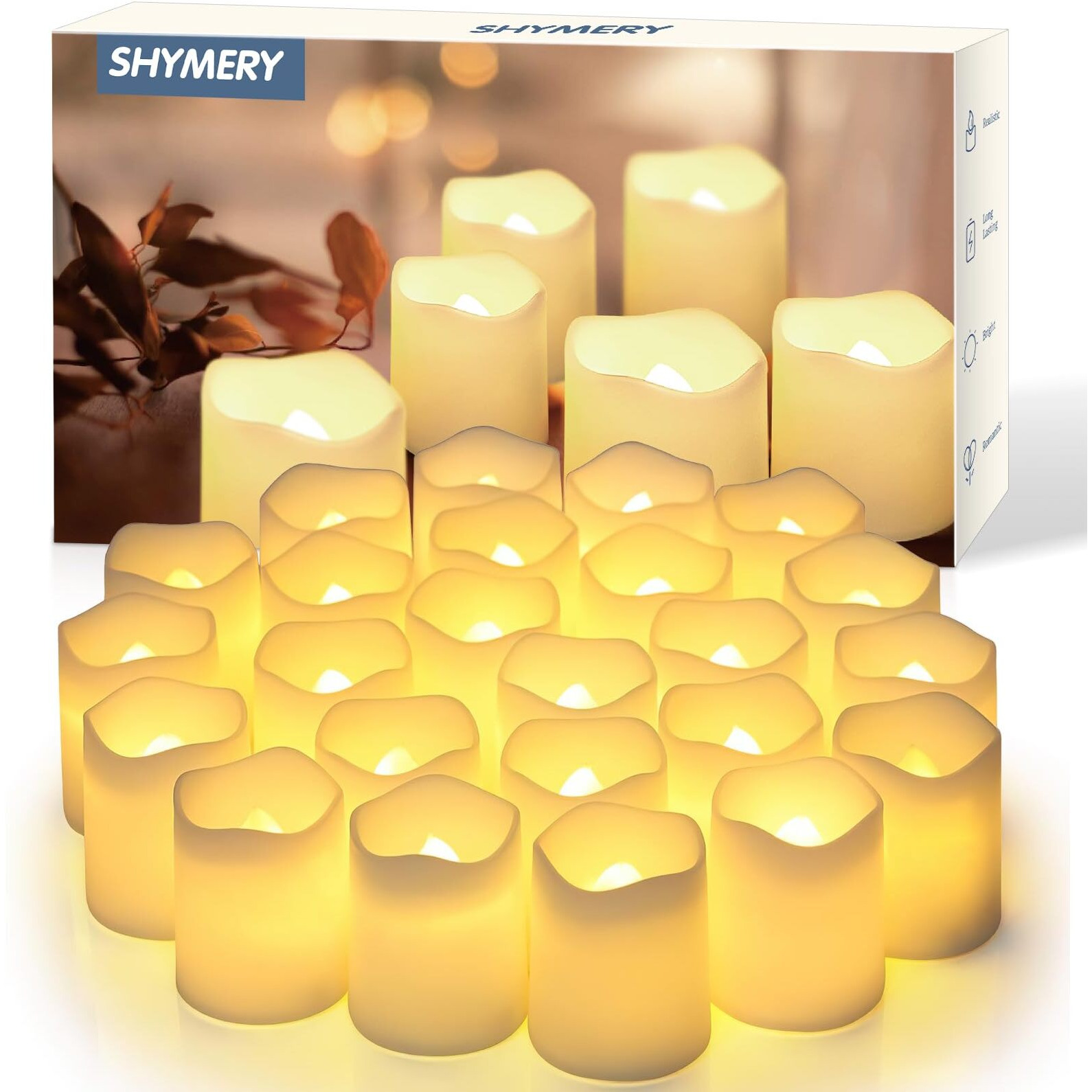 Shymery Flameless Votive Candles,Flameless Flickering Electric Fake Candle,24 Pack 200+Hour Battery Operated Led Tea Lights In Warm White For Wedding, Table, Halloween,Christmas Decorations 1.5"&quotX1.7""