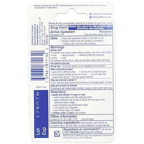 Abreva Cold Sore/Fever Blister Treatment, Pump 0.07 Oz (2 G) (Abreva Pump)