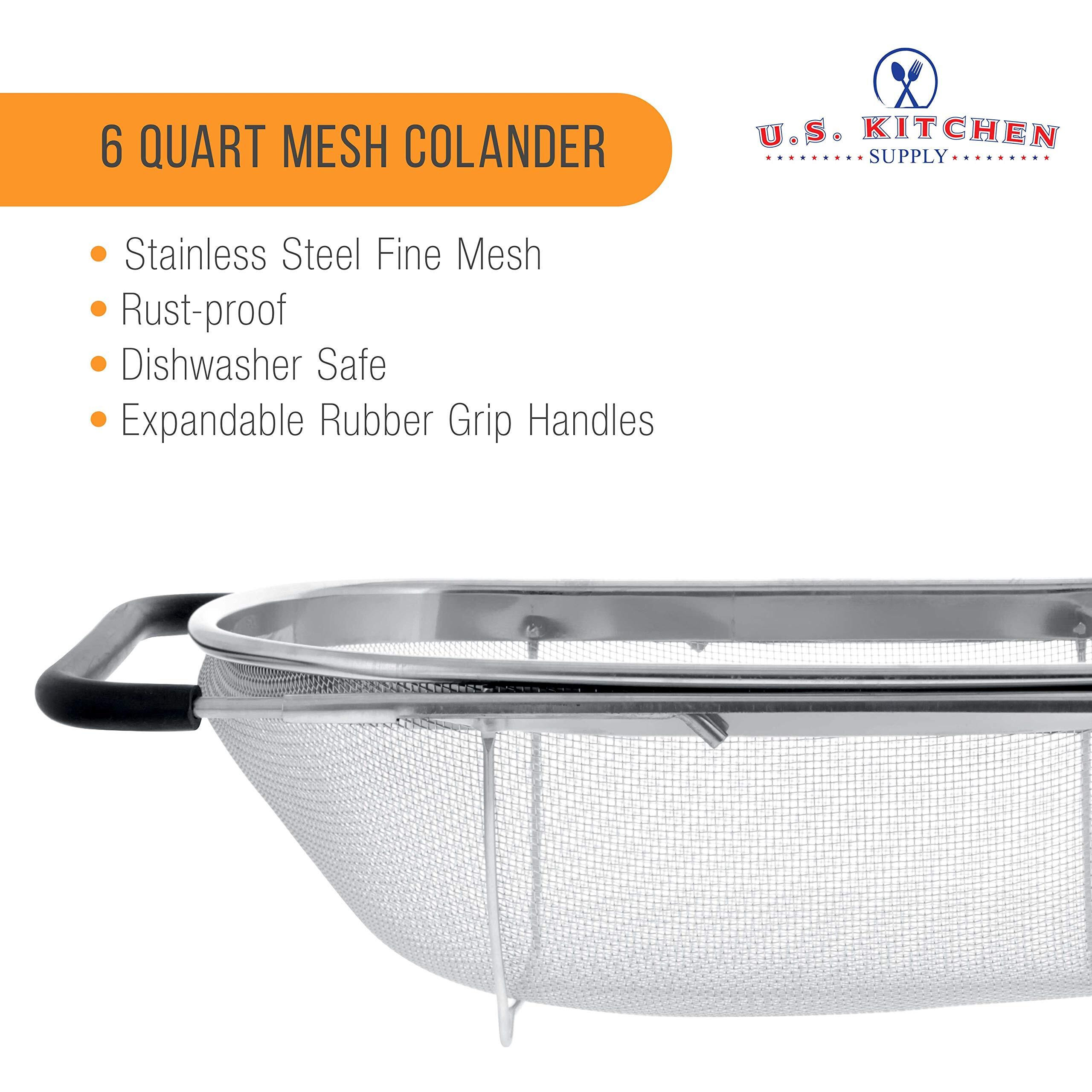 U.S. Kitchen Supply - Premium Quality Over The Sink Stainless Steel Oval Colander With Fine Mesh 6 Quart Strainer Basket & Expandable Rubber Grip Handles - Strain, Drain, Rinse Fruits, Vegetables