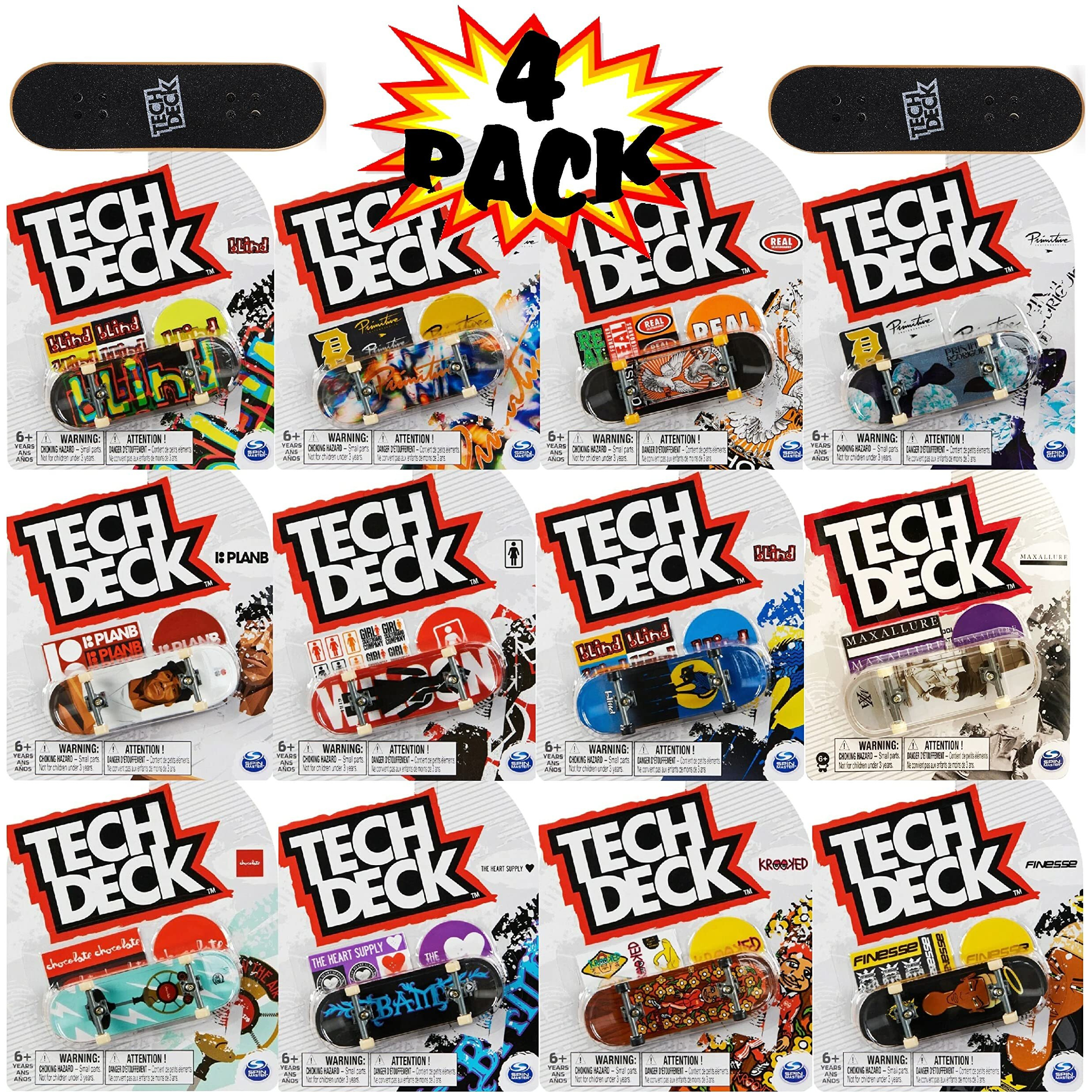 Tech Deck 96Mm Individual Fingerboards Bundle With Matty's Toy Stop Storage Bag - Pack Of 4 (Assorted Styles)