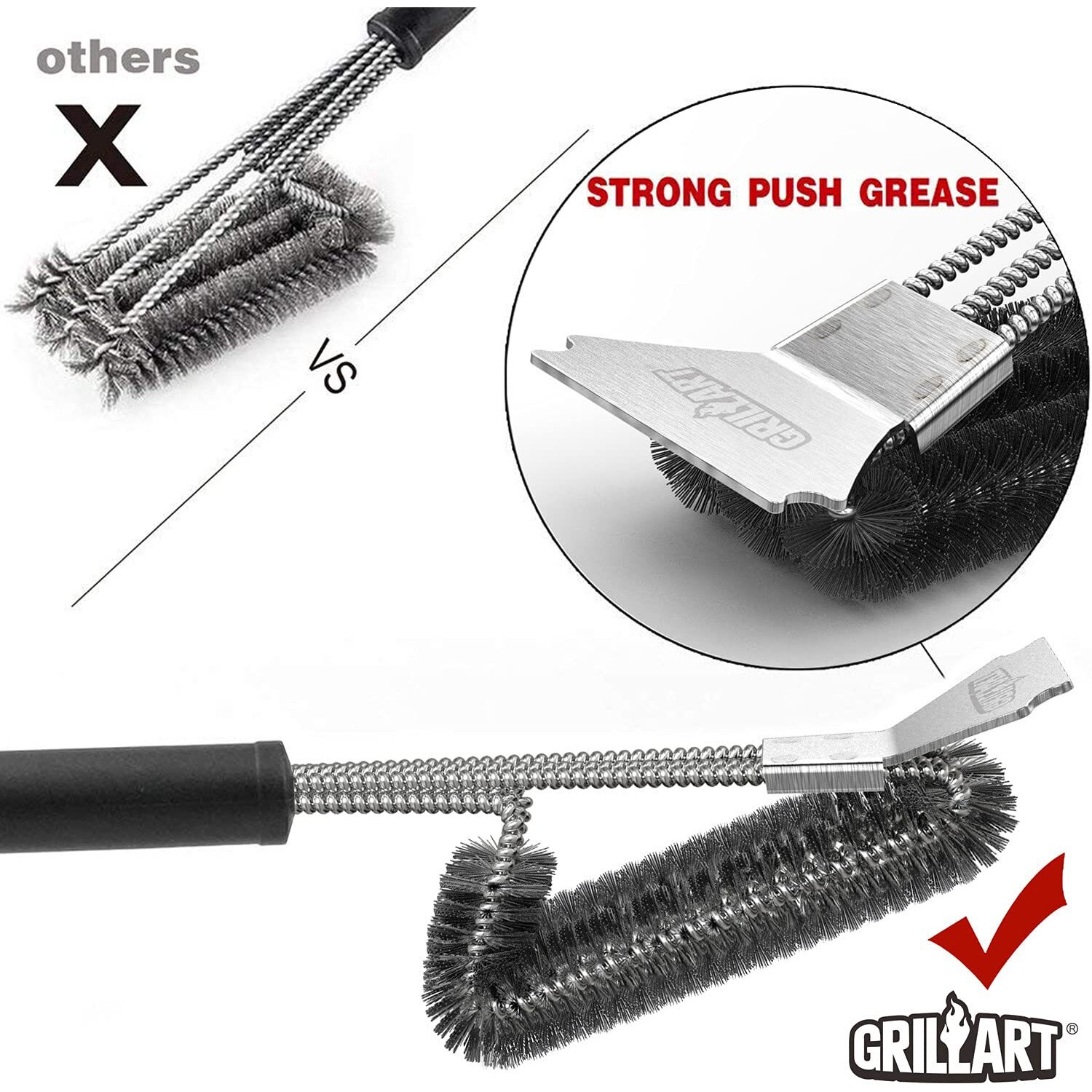 Grillart Grill Brush And Scraper Bbq Brush For Grill, Safe 18"" Stainless Steel Woven Wire 3 In 1 Bristles Grill Cleaning Brush, Br-4516
