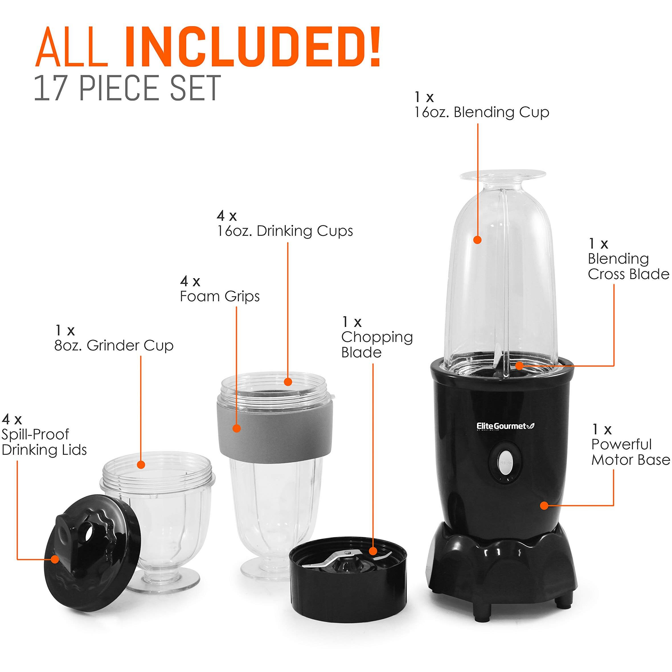 Elite Gourmet Epb-1800A 17-Piece Personal Drink Mixer Blender, Sports Blender 16 Oz Capacity, Includes Chopping And Blending Blade, Drink Lids And Extra Cups