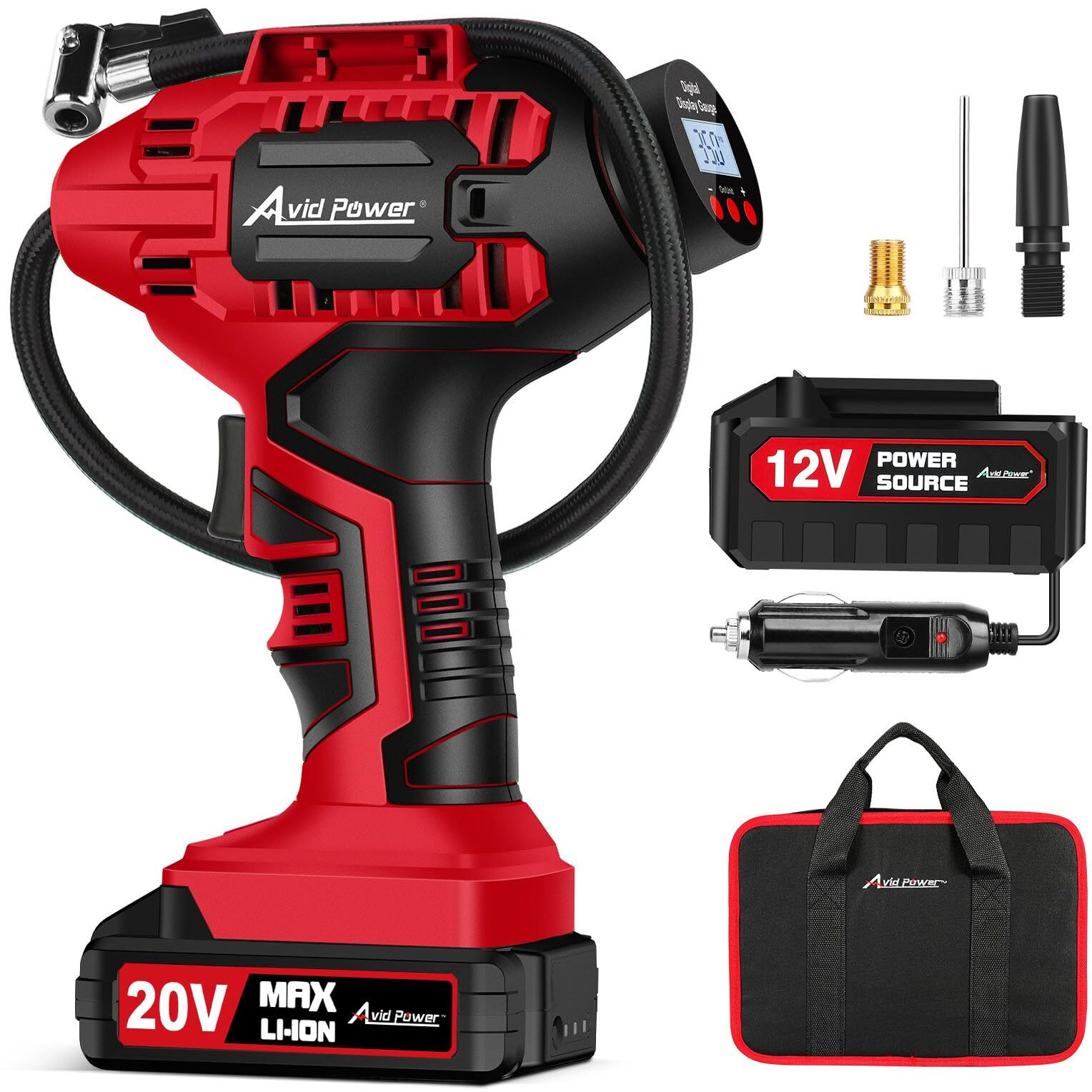 Avid Power Tire Inflator Portable Air Compressor, 20V Cordless Car Tire Pump, Rechargeable Battery Powered Air Compressor W/12V Dc Adapter, Digital Pressure Gauge