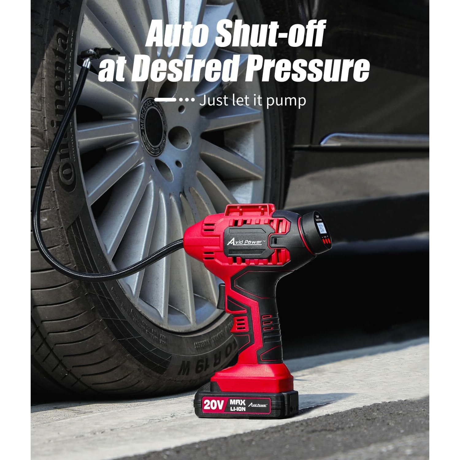 Avid Power Tire Inflator Portable Air Compressor, 20V Cordless Car Tire Pump, Rechargeable Battery Powered Air Compressor W/12V Dc Adapter, Digital Pressure Gauge