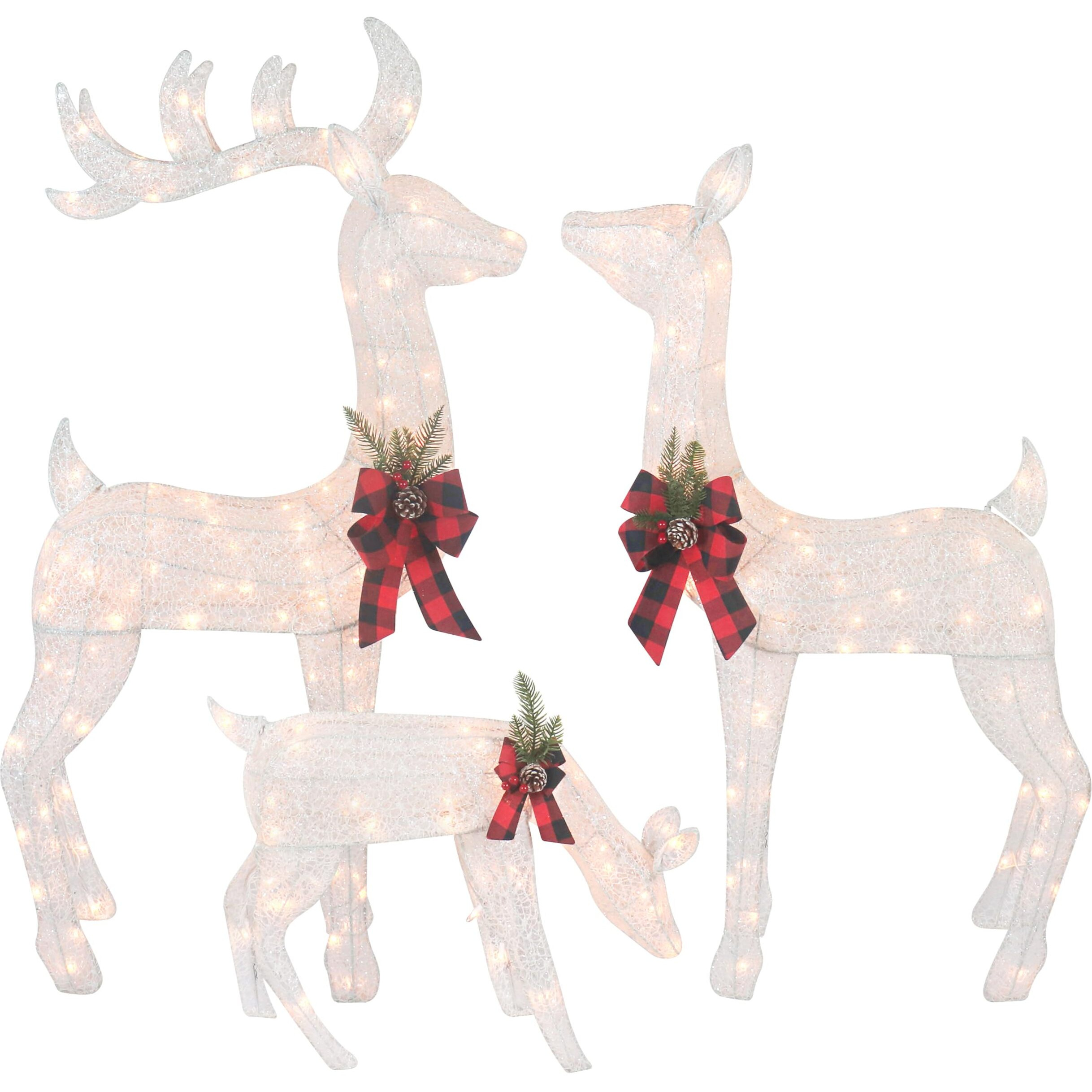 3-Piece White Fabric Reindeer Family - Lighted Deer Set - 210 Lights 52"" Buck 44"" Doe 28"" Fawn - Large Deer Family For Indoor Or Outdoor Christmas Decorations Yard Art