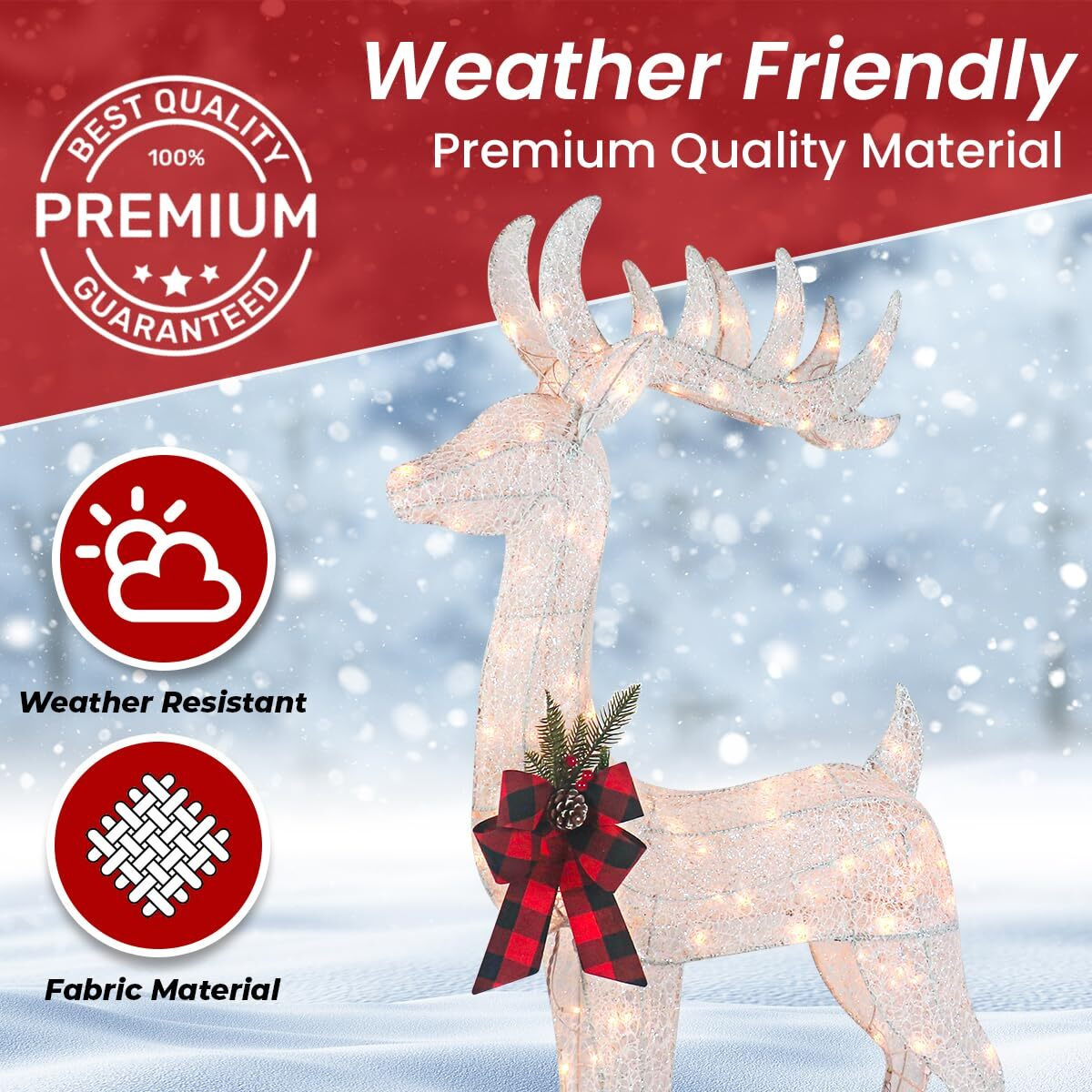 3-Piece White Fabric Reindeer Family - Lighted Deer Set - 210 Lights 52"" Buck 44"" Doe 28"" Fawn - Large Deer Family For Indoor Or Outdoor Christmas Decorations Yard Art