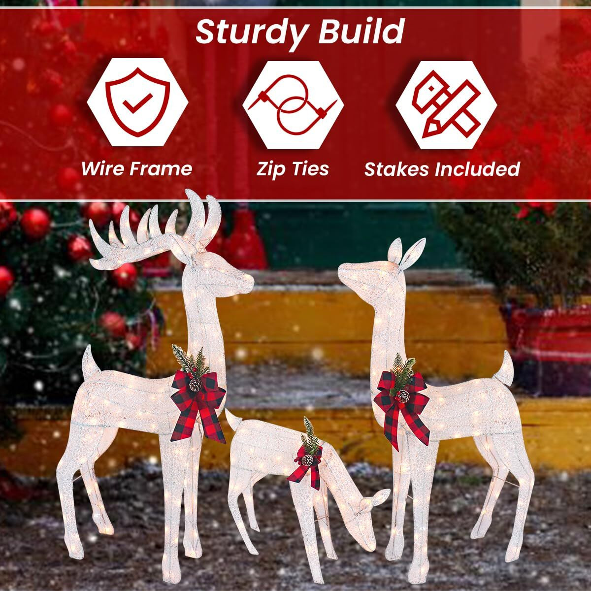 3-Piece White Fabric Reindeer Family - Lighted Deer Set - 210 Lights 52"" Buck 44"" Doe 28"" Fawn - Large Deer Family For Indoor Or Outdoor Christmas Decorations Yard Art