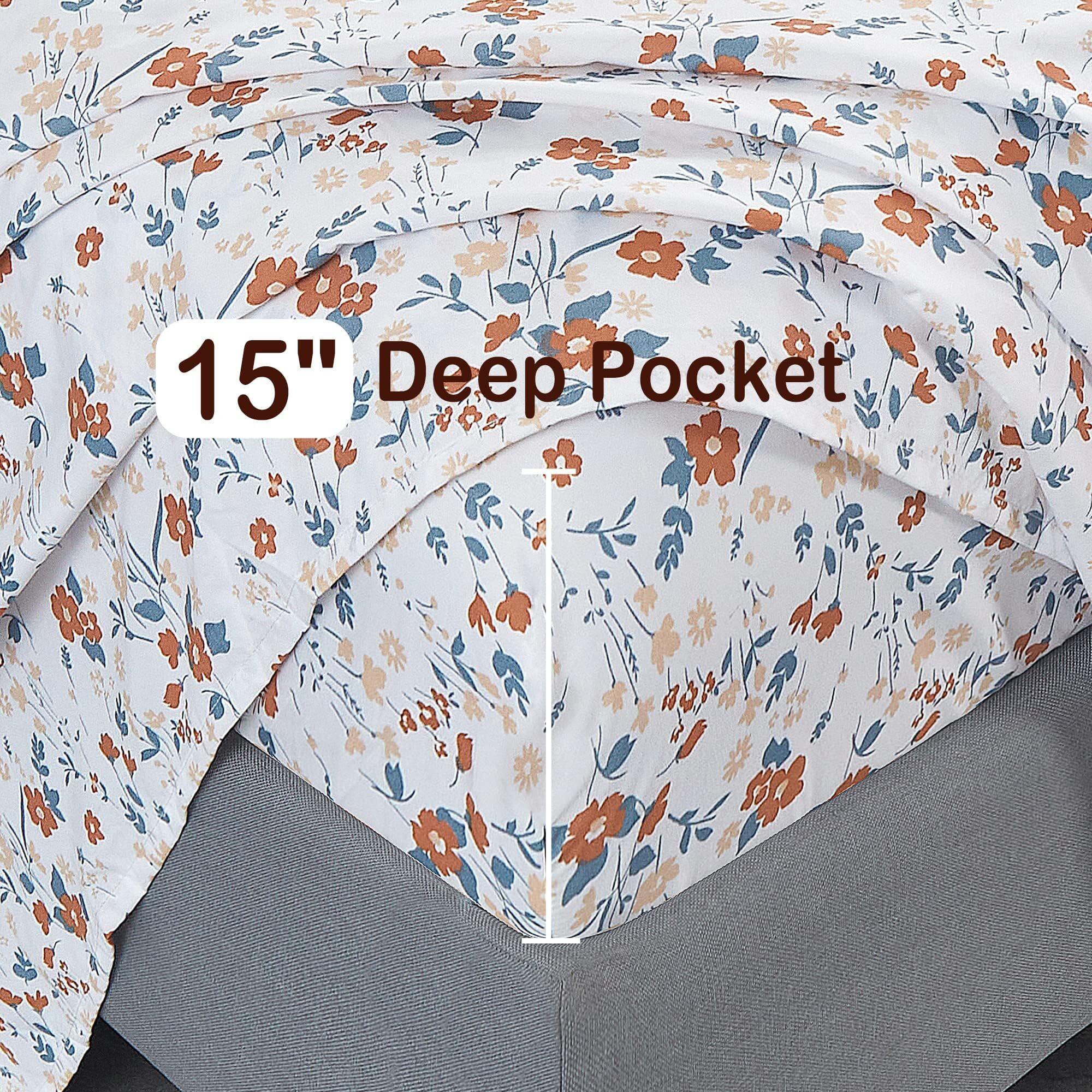 Softan Floral Queen Sheet Set Orange Flower Bed Sheets Queen Printed Sheets Queen - 4 Piece Soft Microfiber Patterned Fitted Sheets Queen With 15"" Deep Pocket