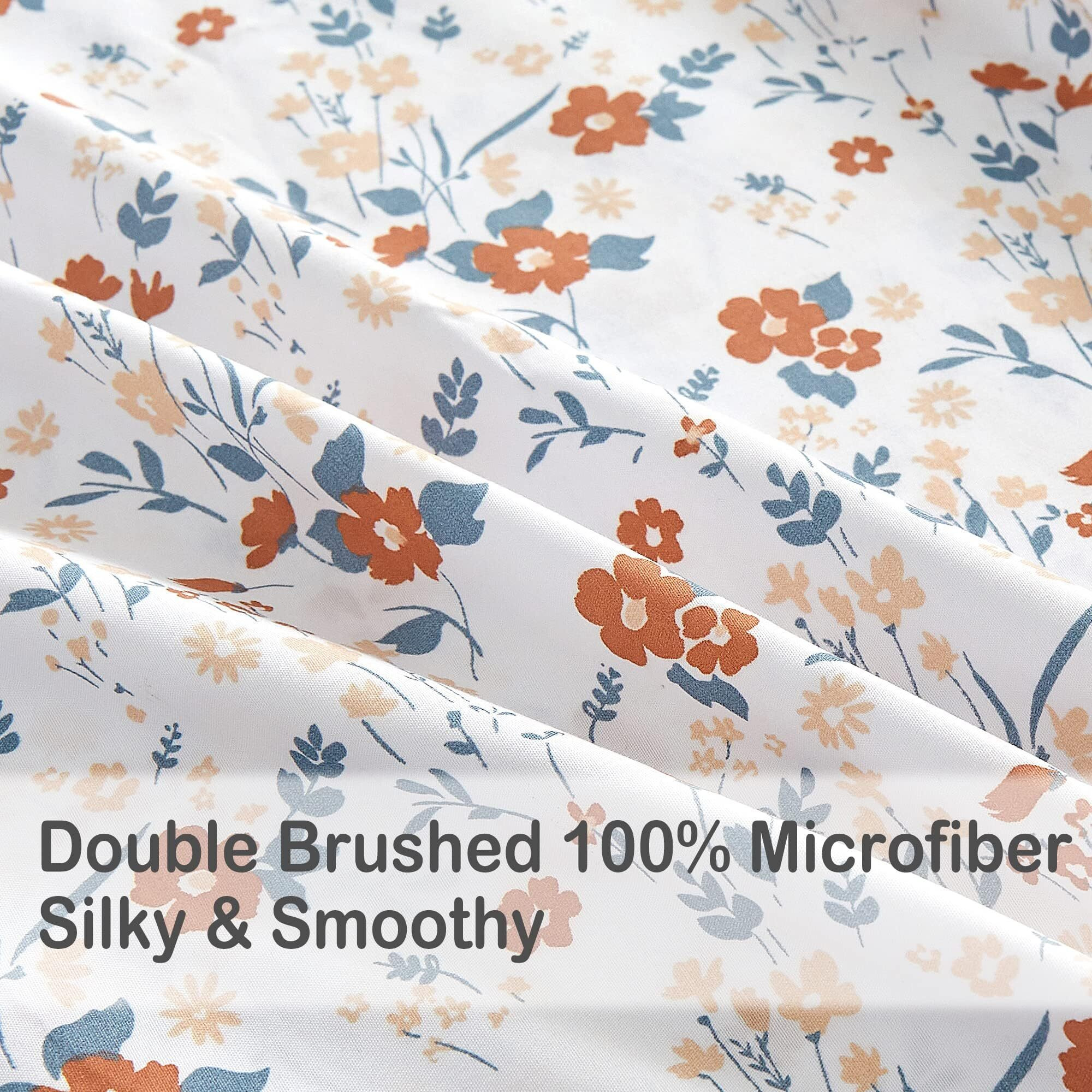 Softan Floral Queen Sheet Set Orange Flower Bed Sheets Queen Printed Sheets Queen - 4 Piece Soft Microfiber Patterned Fitted Sheets Queen With 15"" Deep Pocket