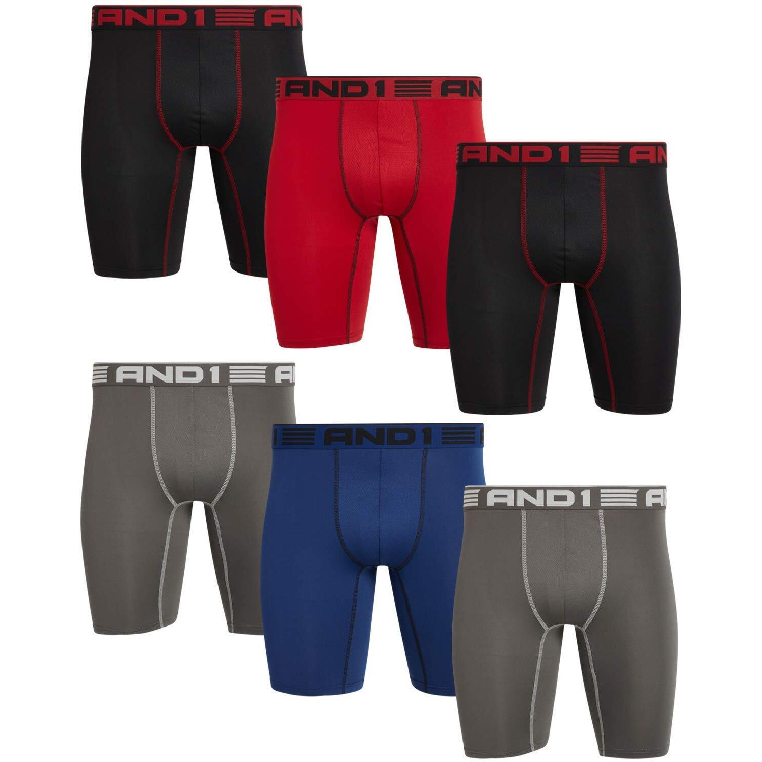 And1 Men's Underwear Boxer Briefs - 6 Pack Performance Stretch Long Leg Compression Boxers For Men With Contour Pouch (S-3Xl), Size Large, Black/Blue/Charcoal/Red