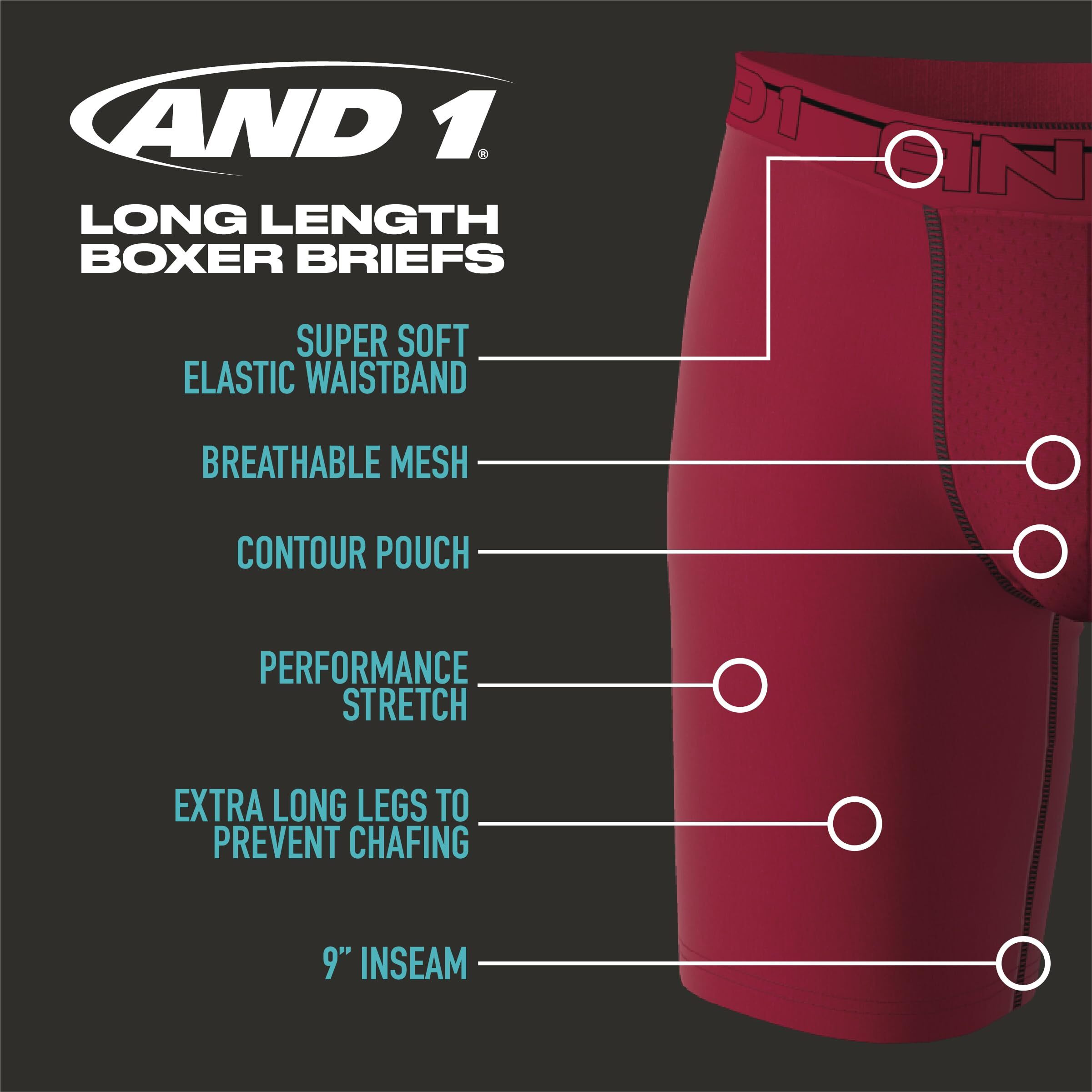 And1 Men's Underwear Boxer Briefs - 6 Pack Performance Stretch Long Leg Compression Boxers For Men With Contour Pouch (S-3Xl), Size Large, Black/Blue/Charcoal/Red