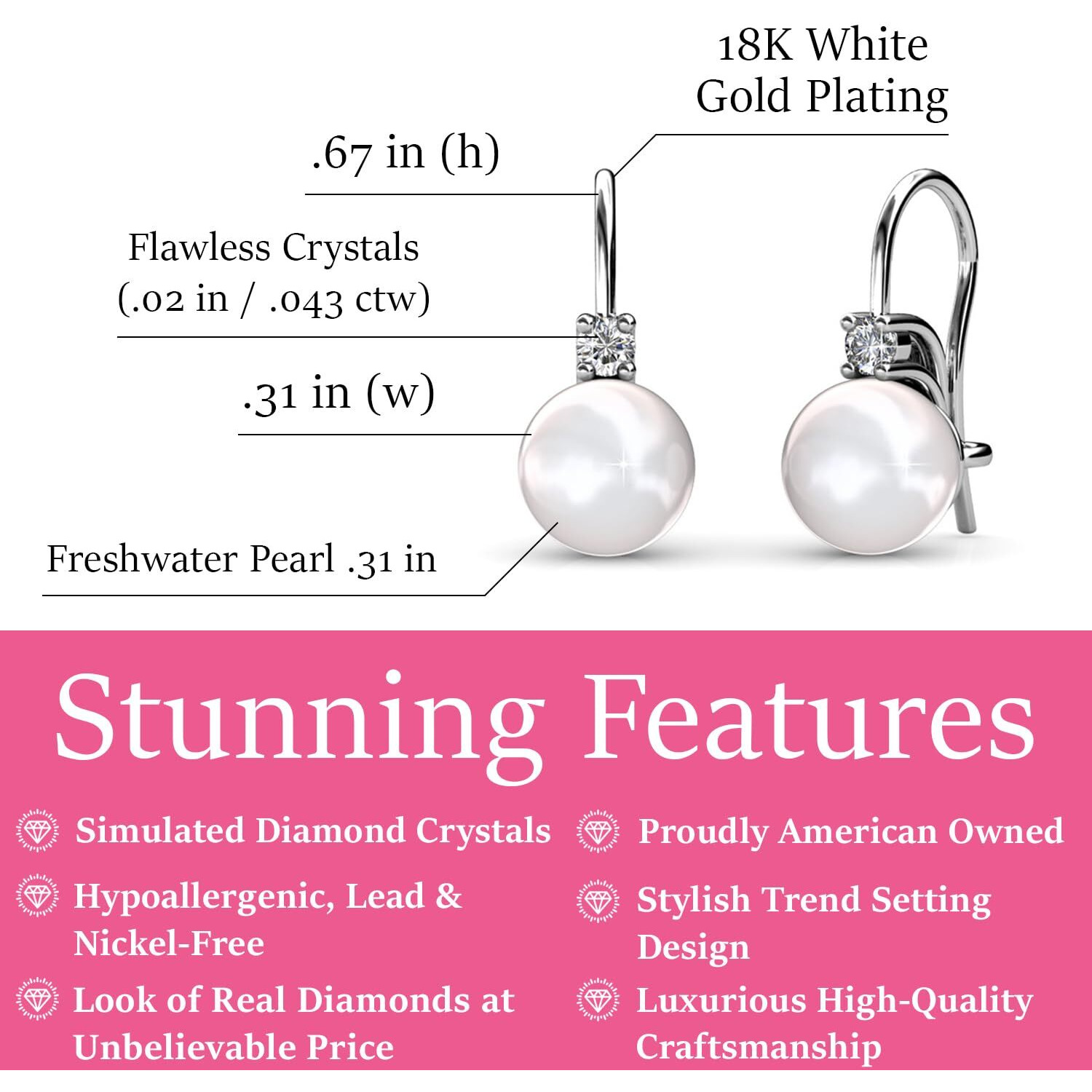 Cate & Chloe Cassie 18K White Gold Pearl Drop Earrings For Women | Women's Drop & Dangle Earrings With Crystals, Classic Pearl Earring Set, Fashion Earrings For Women, Hypoallergenic Earrings