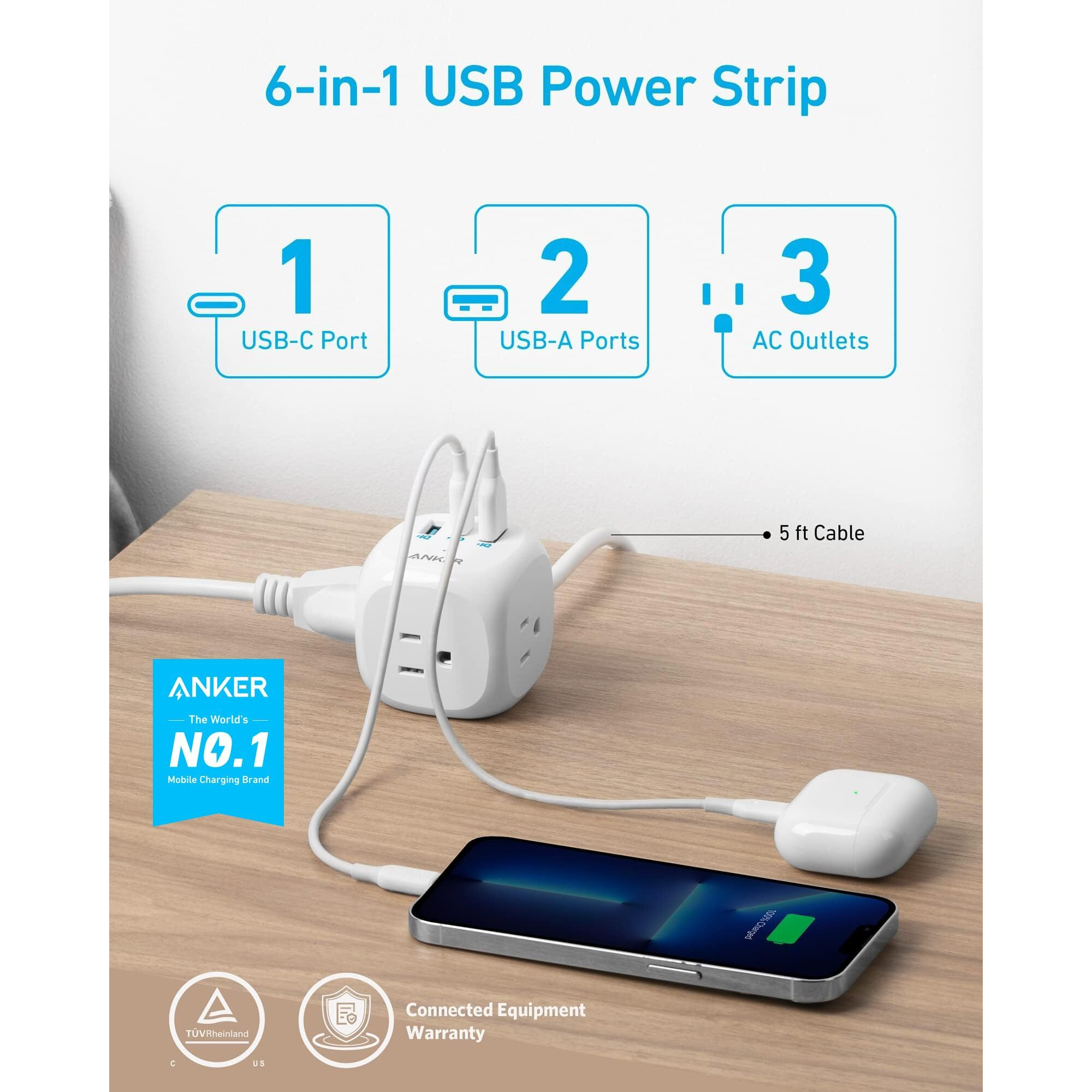 Anker 20W Usb C Power Strip, 321 Power Strip With 3 Outlets And Usb C Charging For Iphone 15/15 Plus/15 Pro/15 Pro Max, 5 Ft Extension Cord, Power Delivery Charging For Dorm Rooms,Home Office