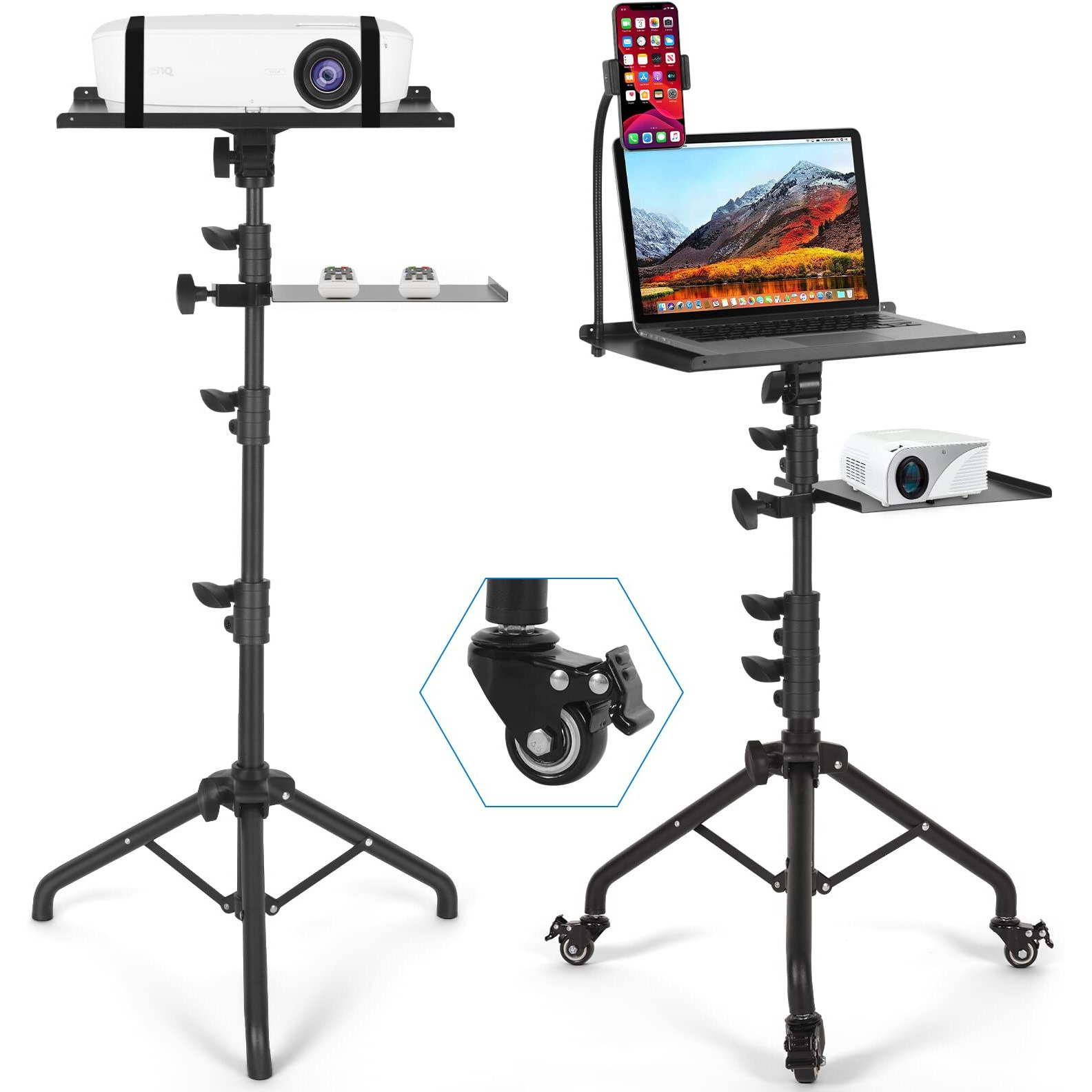 Tossbiss Projector Stand With Wheels, Laptop Tripod Stand With Phone Holder, Rolling Laptop Tripod With Mouse Tray, Adjustable & Portable Tripod For Sheet Music, Dj